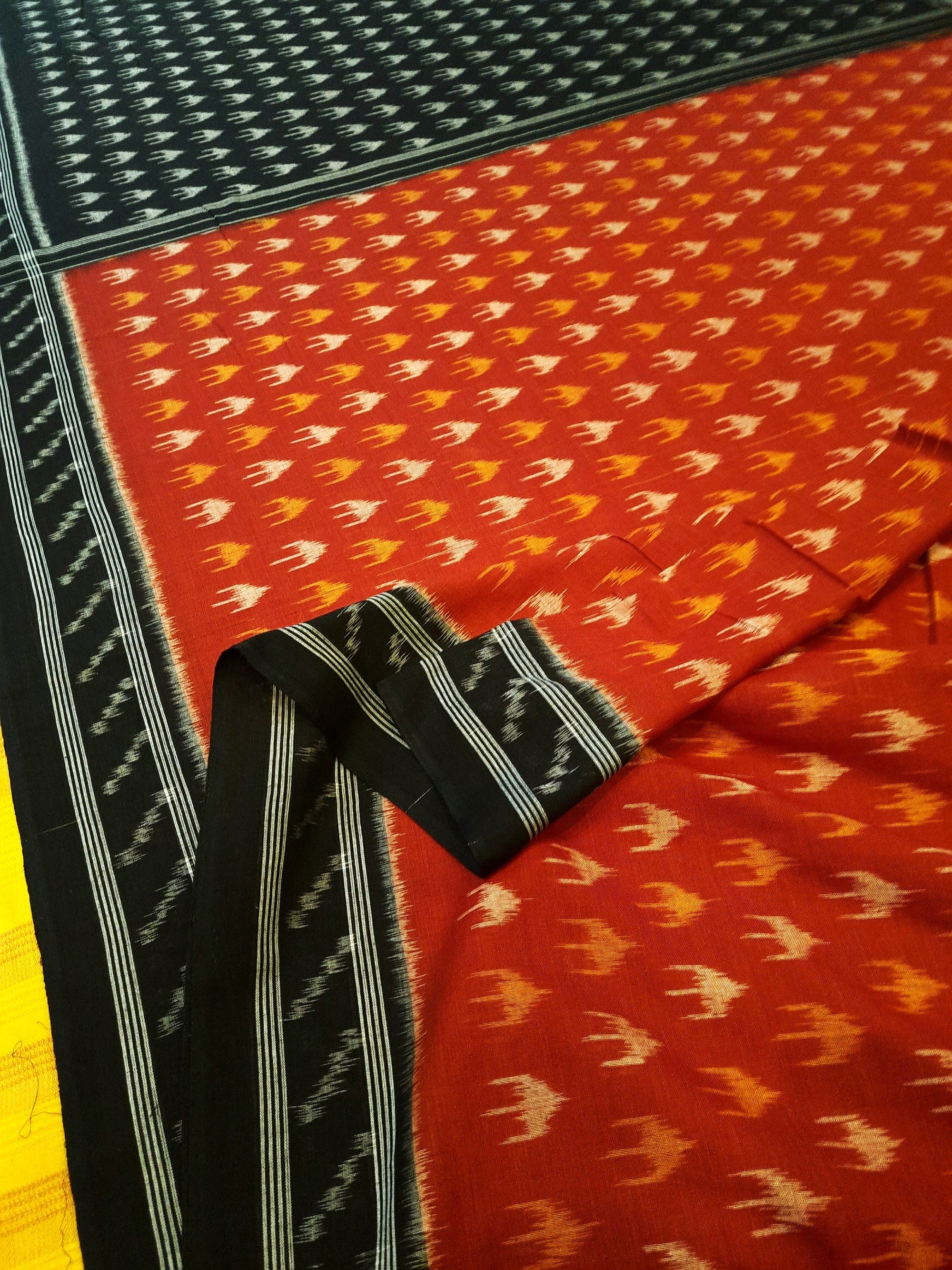 Rust Cotton Odisha Ikat saree with mix match cotton ikat blouse piece