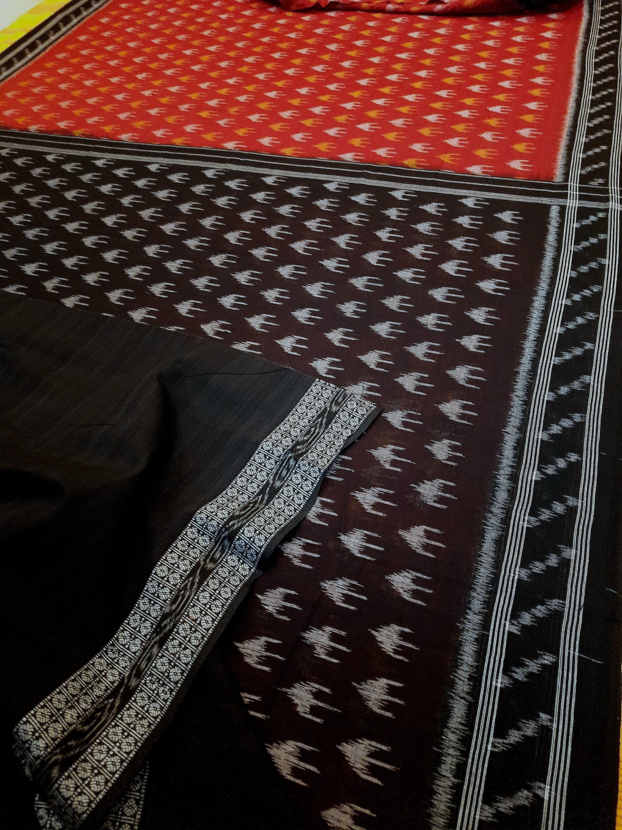 Rust Cotton Odisha Ikat saree with mix match cotton ikat blouse piece