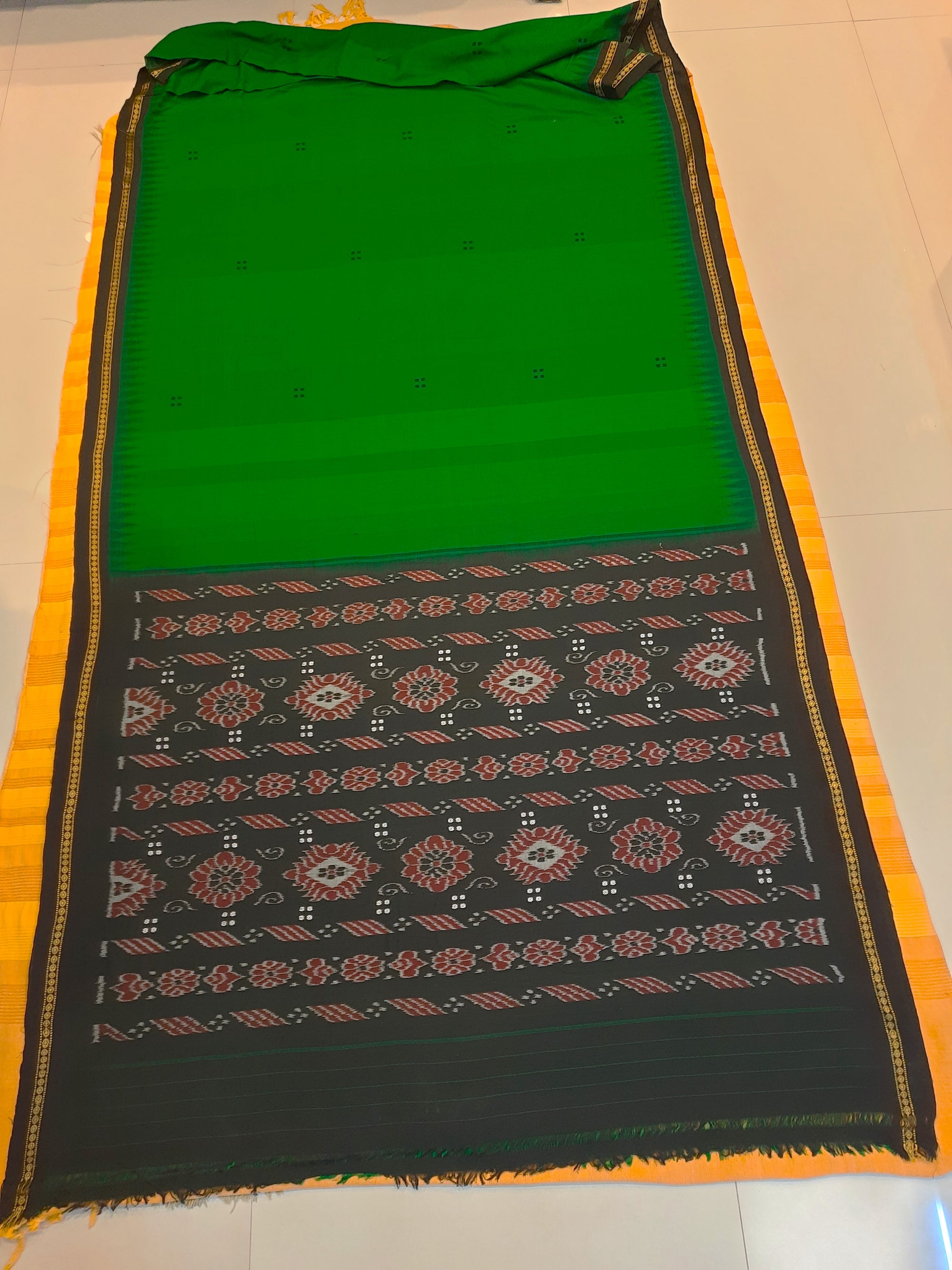 Green Cotton Odisha Ikat saree with mix match cotton ikat blouse