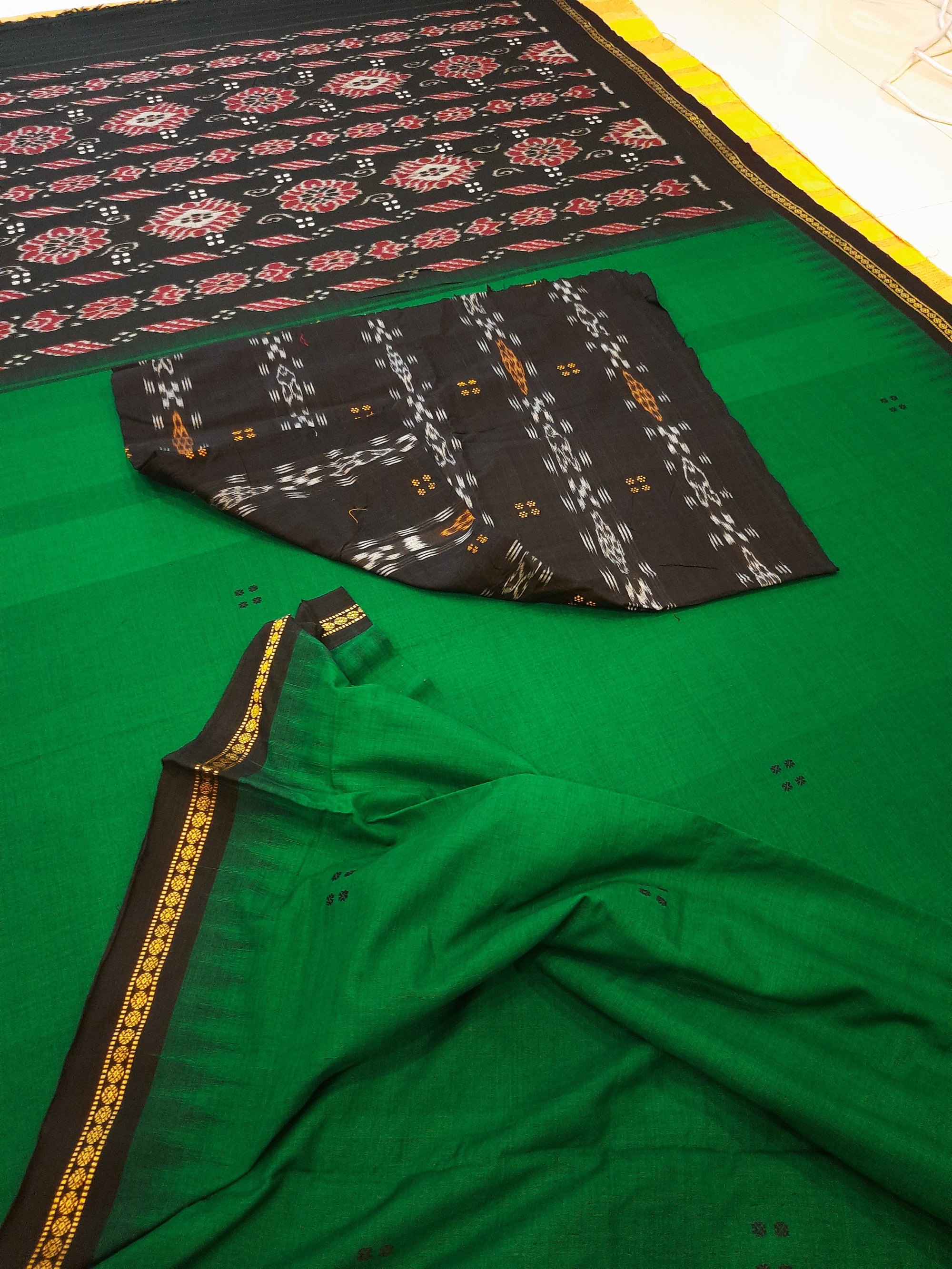 Green Cotton Odisha Ikat saree with mix match cotton ikat blouse