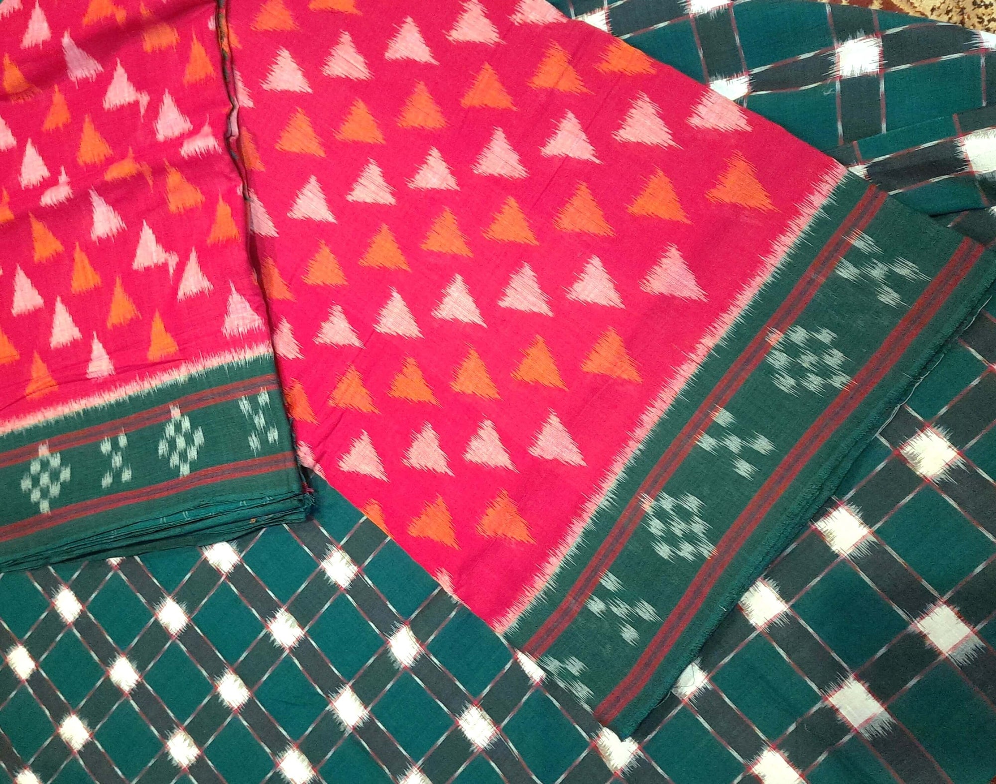 Red with Green  Cotton Odisha Ikat saree with mix match cotton ikat blouse piece