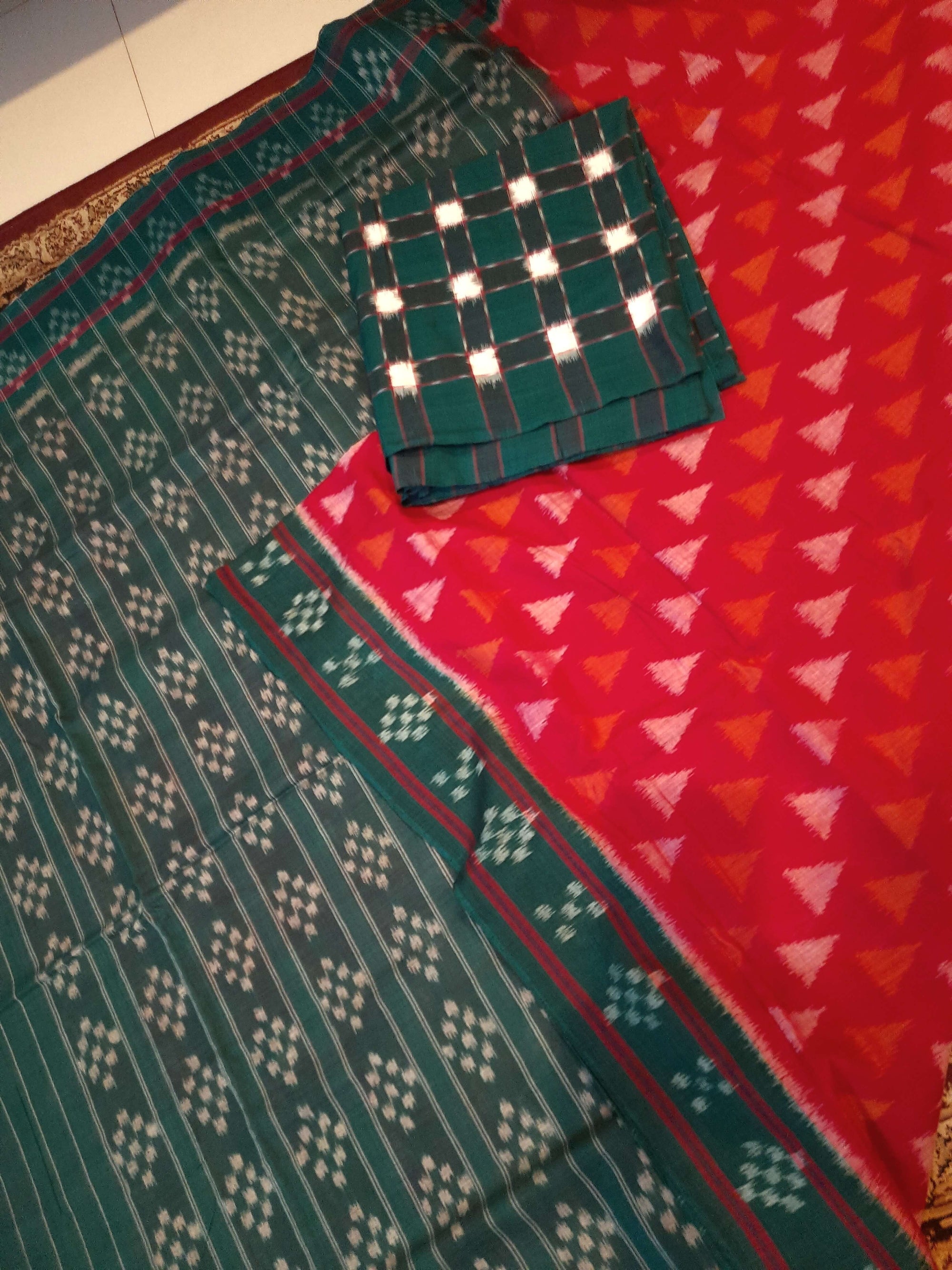 Red with Green  Cotton Odisha Ikat saree with mix match cotton ikat blouse piece
