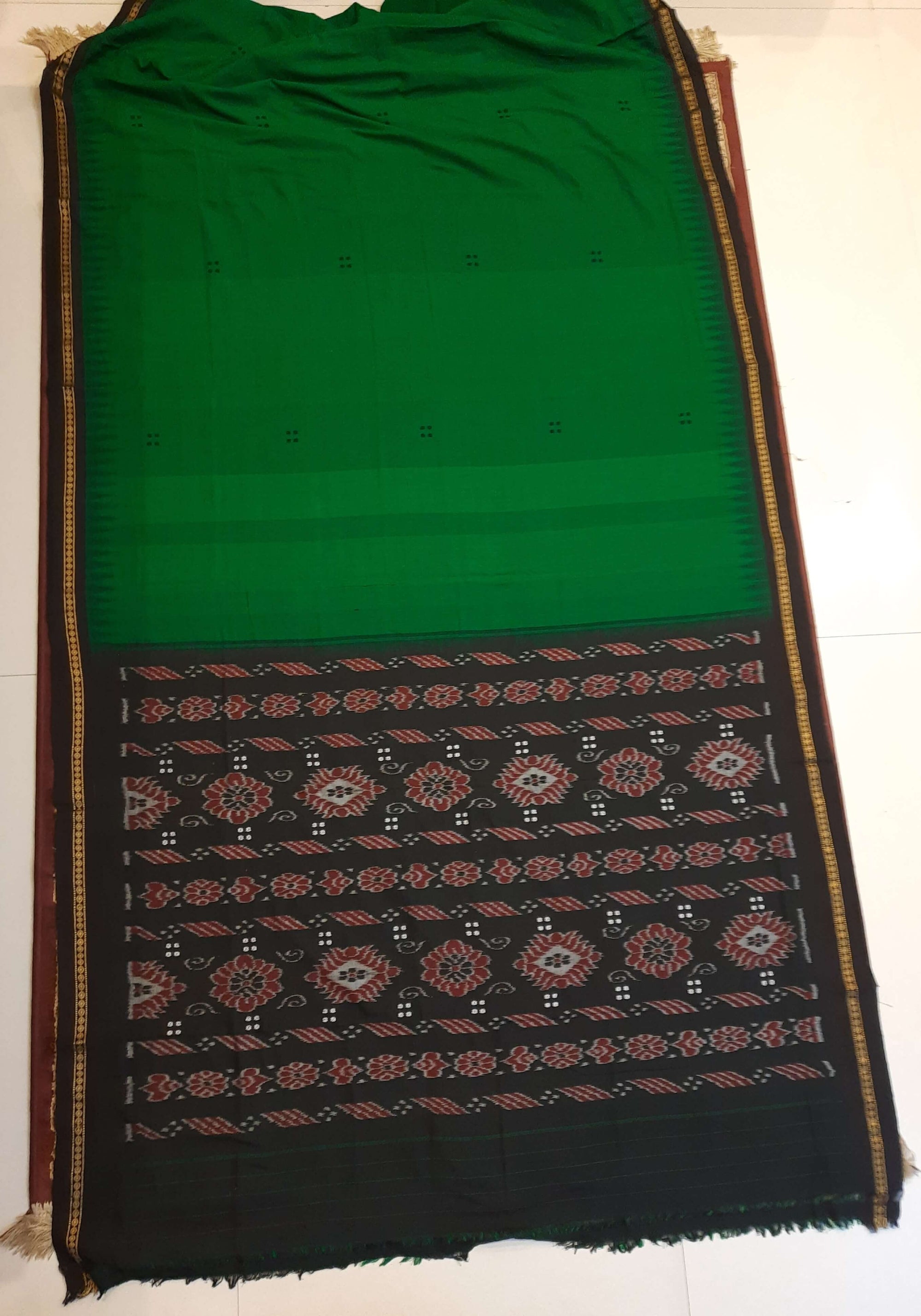 Green Cotton Odisha Ikat saree with mix match cotton ikat blouse
