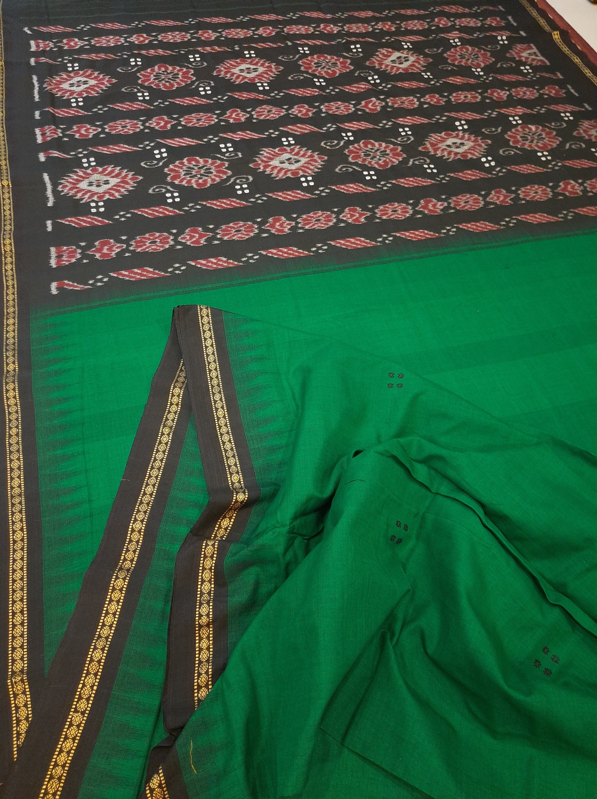 Green Cotton Odisha Ikat saree with mix match cotton ikat blouse