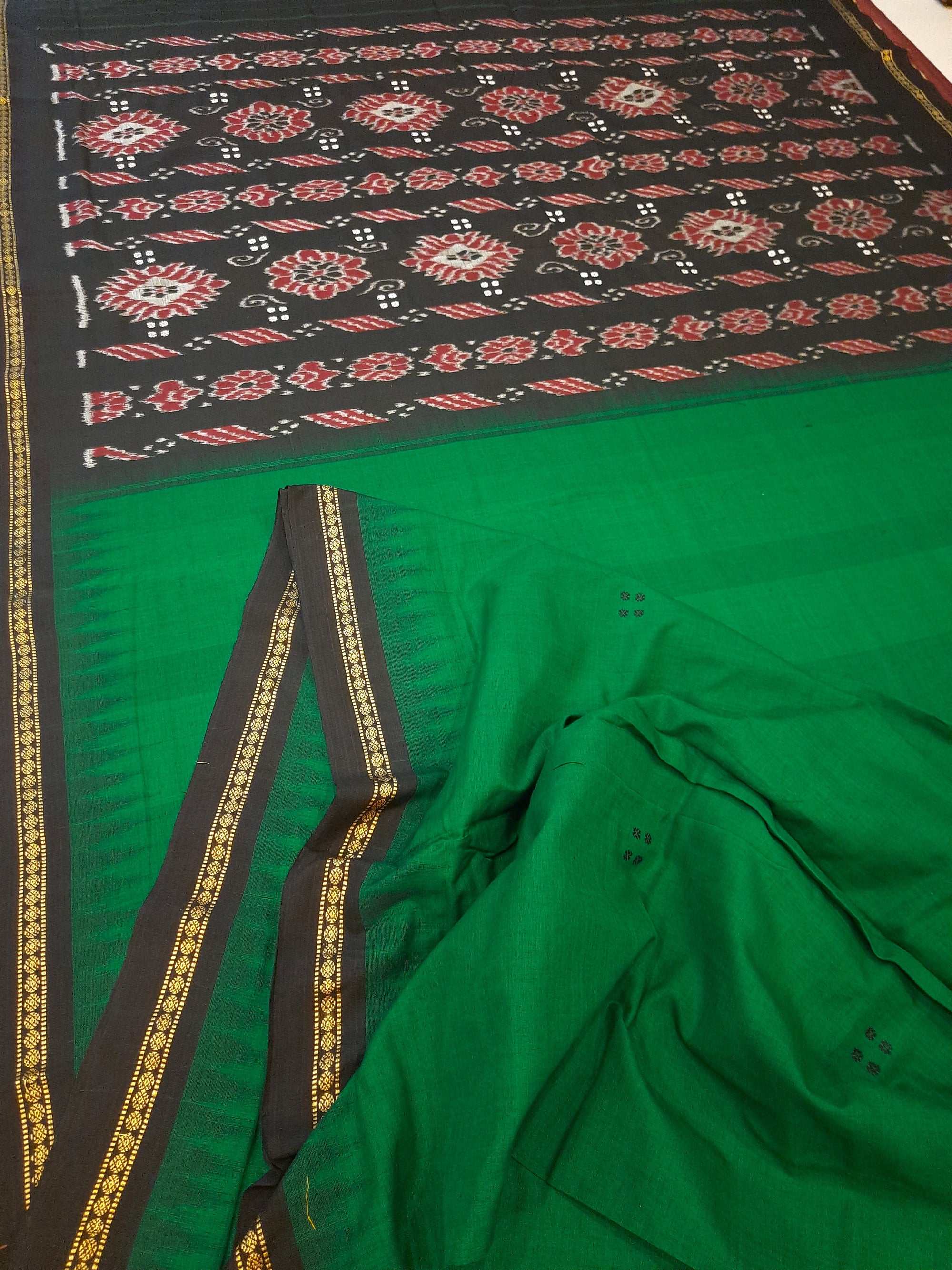 Green Cotton Odisha Ikat saree with mix match cotton ikat blouse