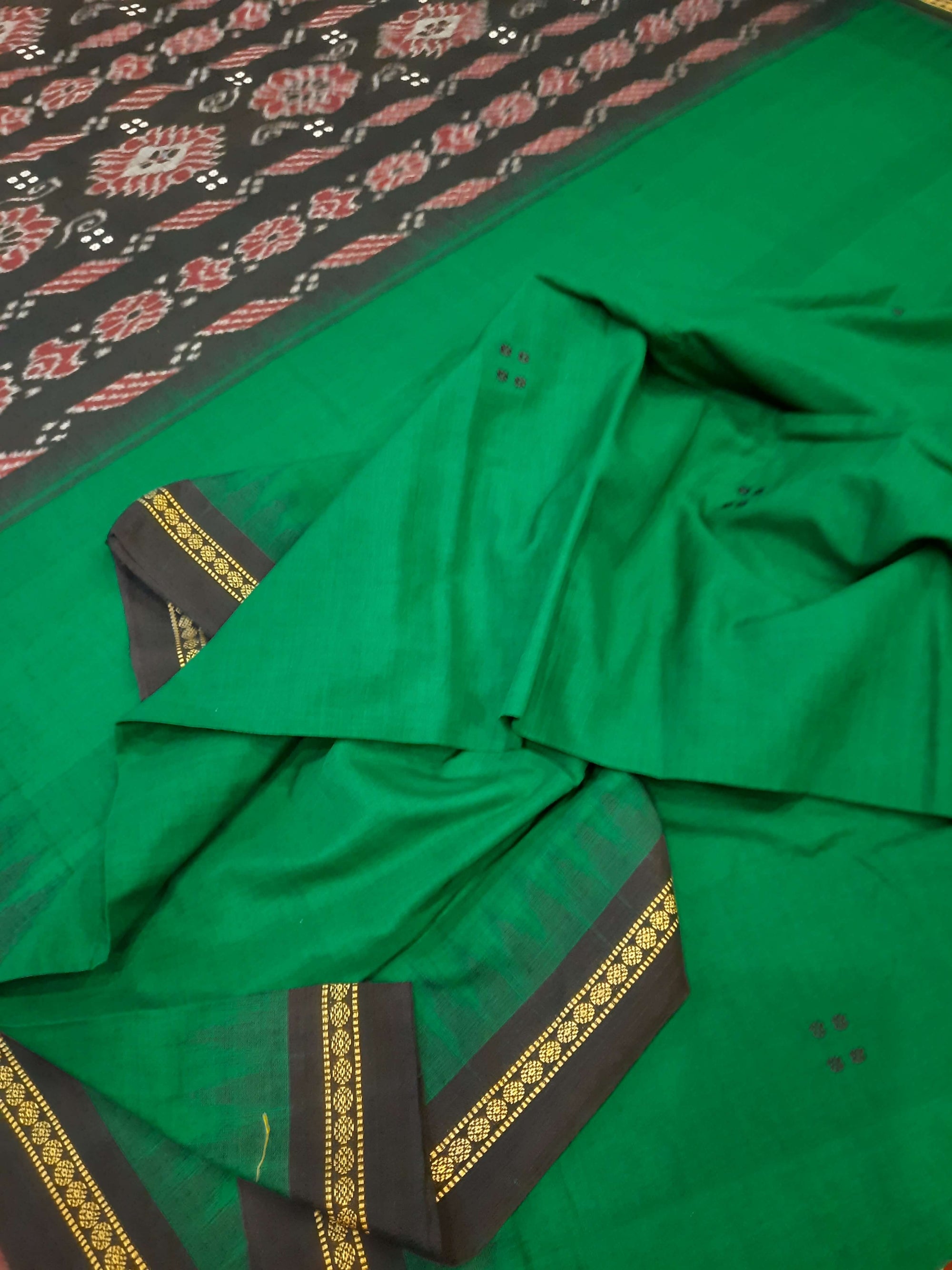 Green Cotton Odisha Ikat saree with mix match cotton ikat blouse