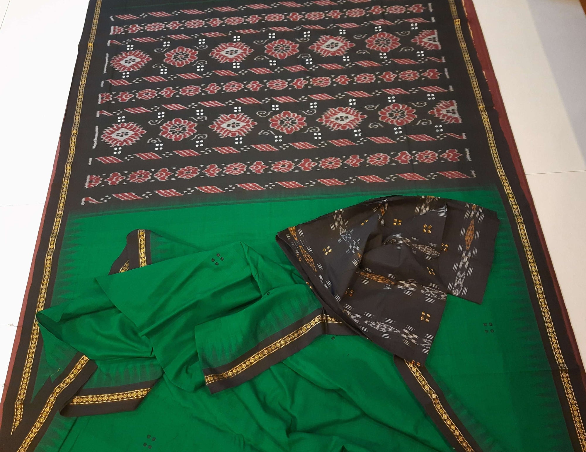 Green Cotton Odisha Ikat saree with mix match cotton ikat blouse