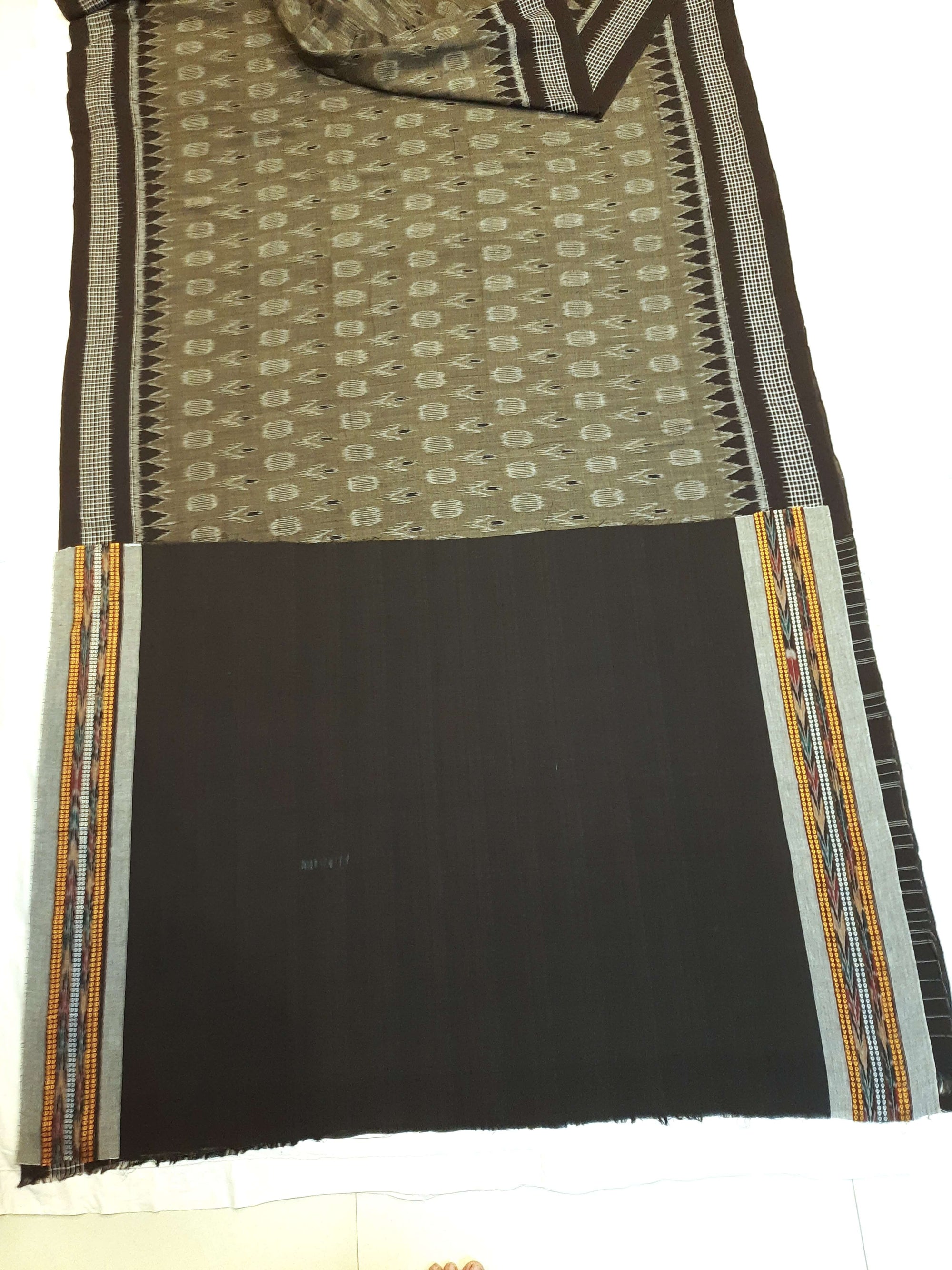 DarkGrey Cotton Odisha Ikat saree with mix match cotton ikat blouse piece