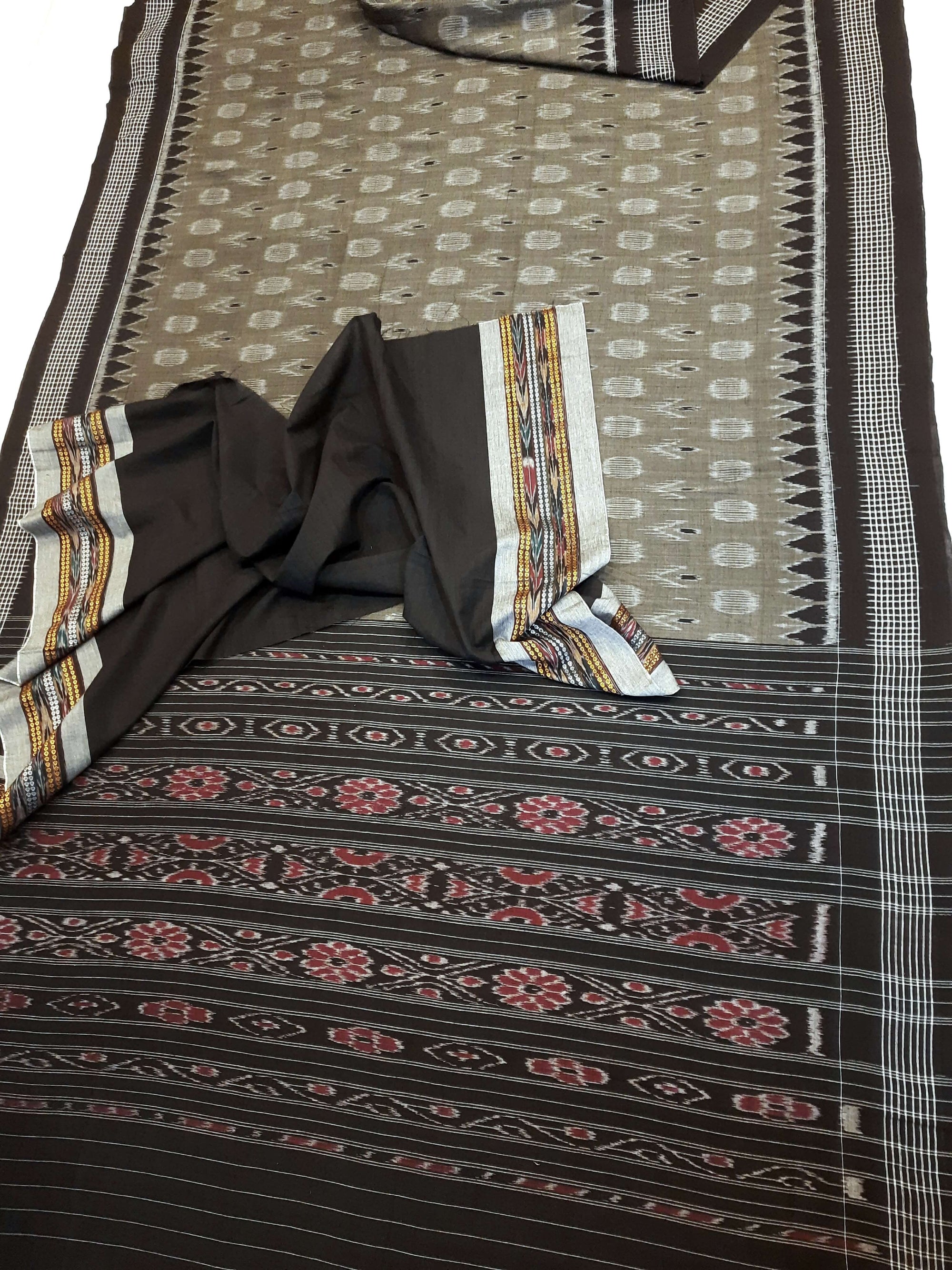 DarkGrey Cotton Odisha Ikat saree with mix match cotton ikat blouse piece