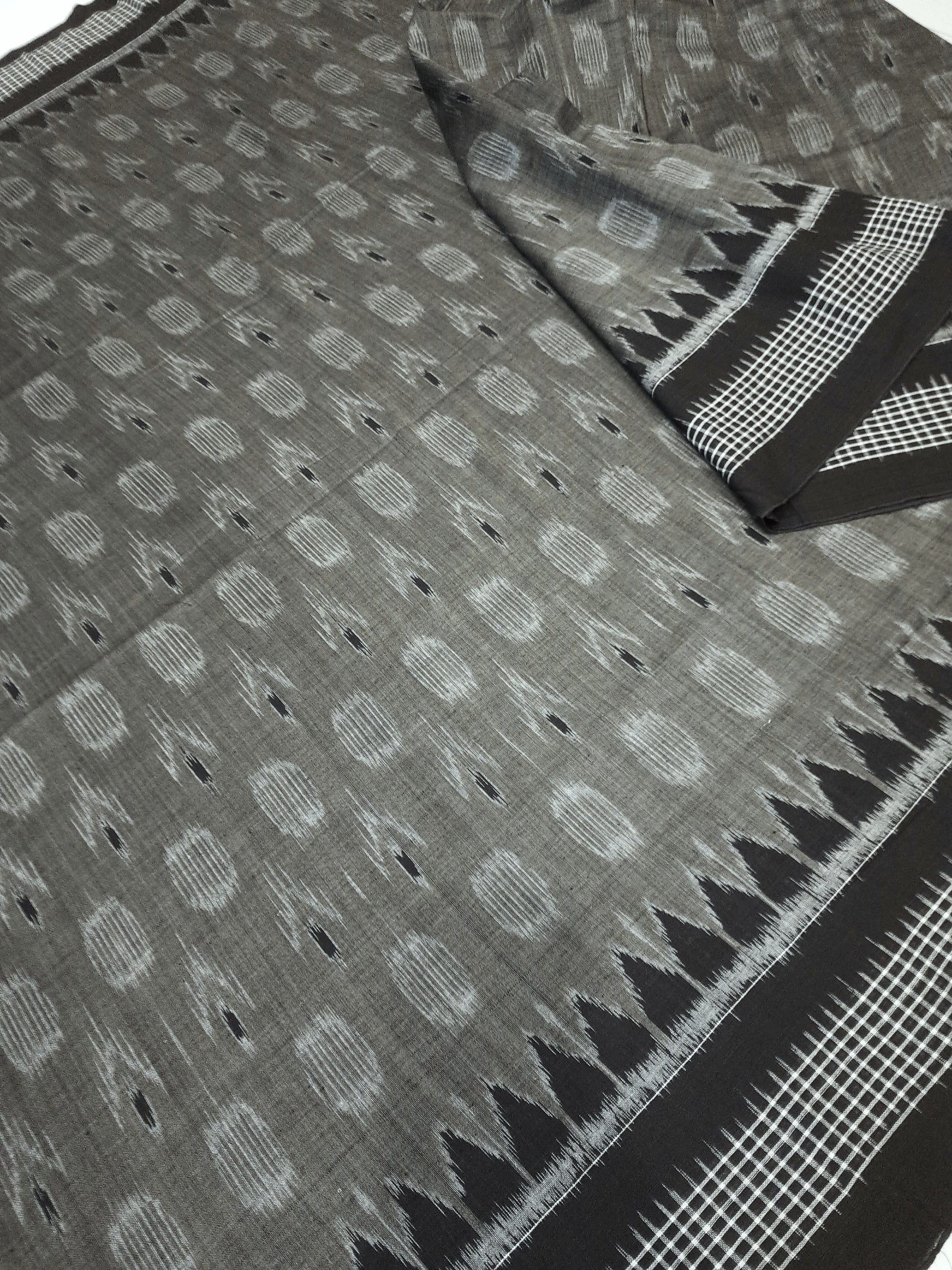 DarkGrey Cotton Odisha Ikat saree with mix match cotton ikat blouse piece