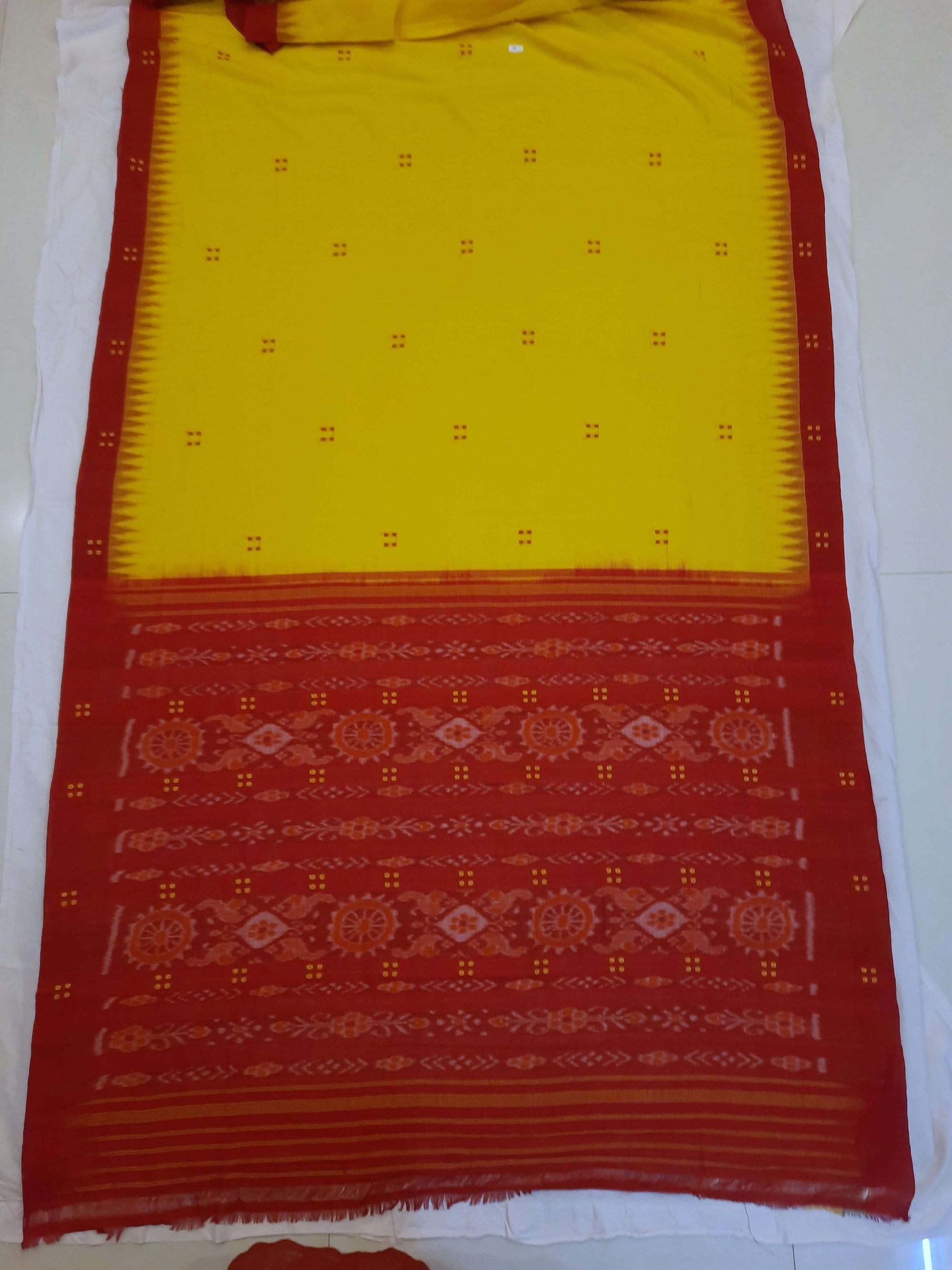 Yellow Red Cotton Odisha Ikat saree  with mix match cotton ikat blouse