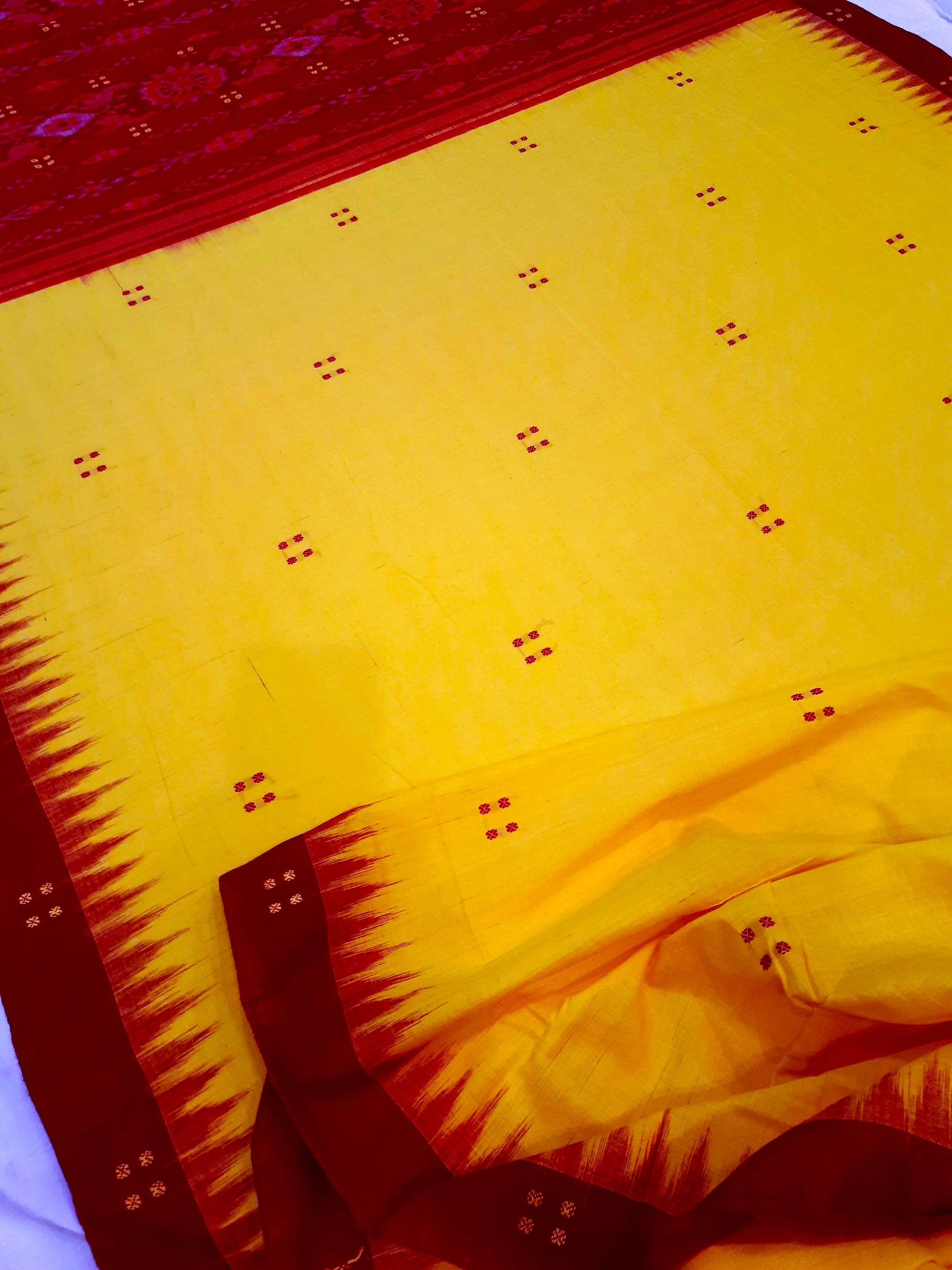 Yellow Red Cotton Odisha Ikat saree  with mix match cotton ikat blouse