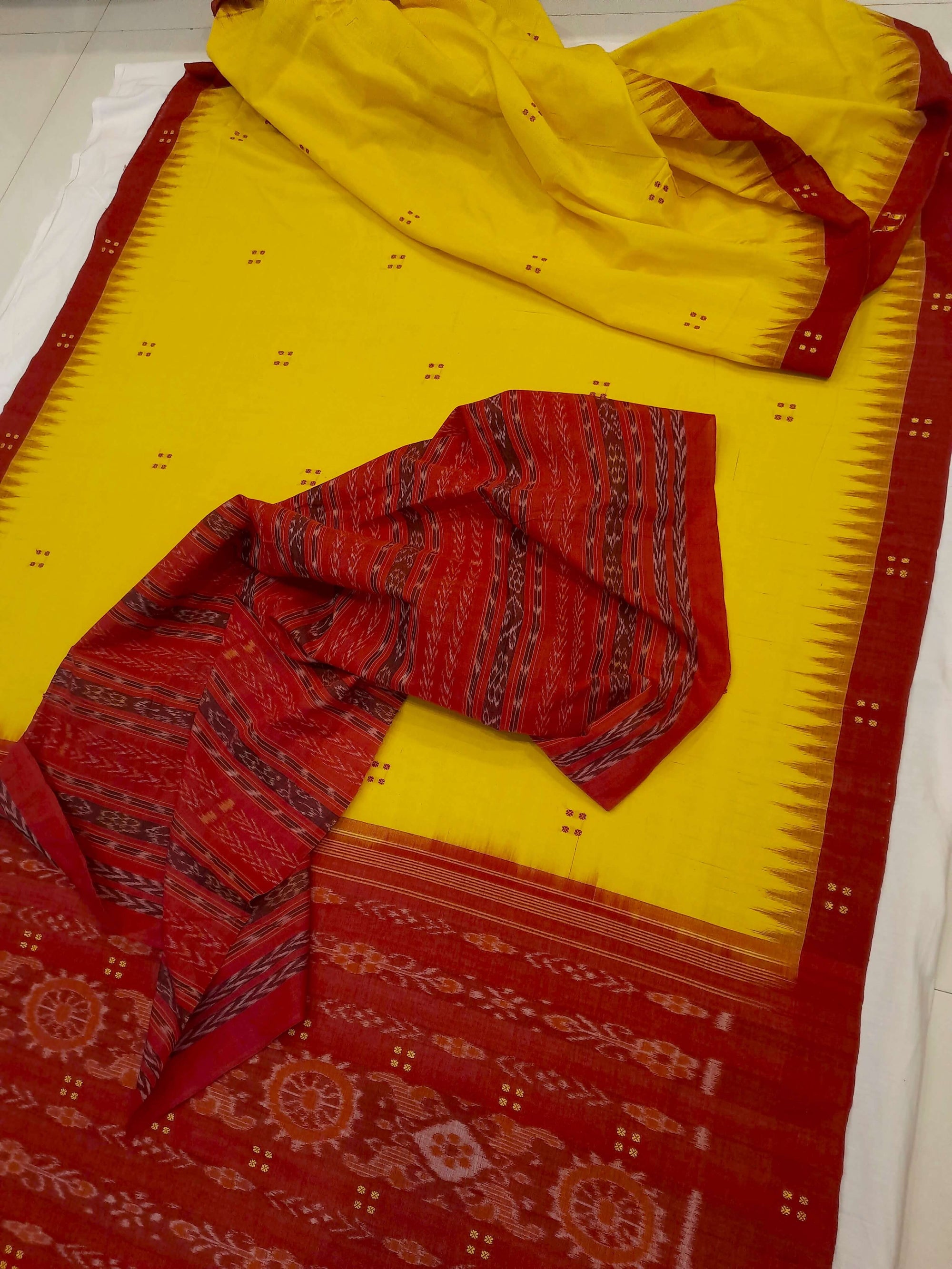 Yellow Red Cotton Odisha Ikat saree  with mix match cotton ikat blouse