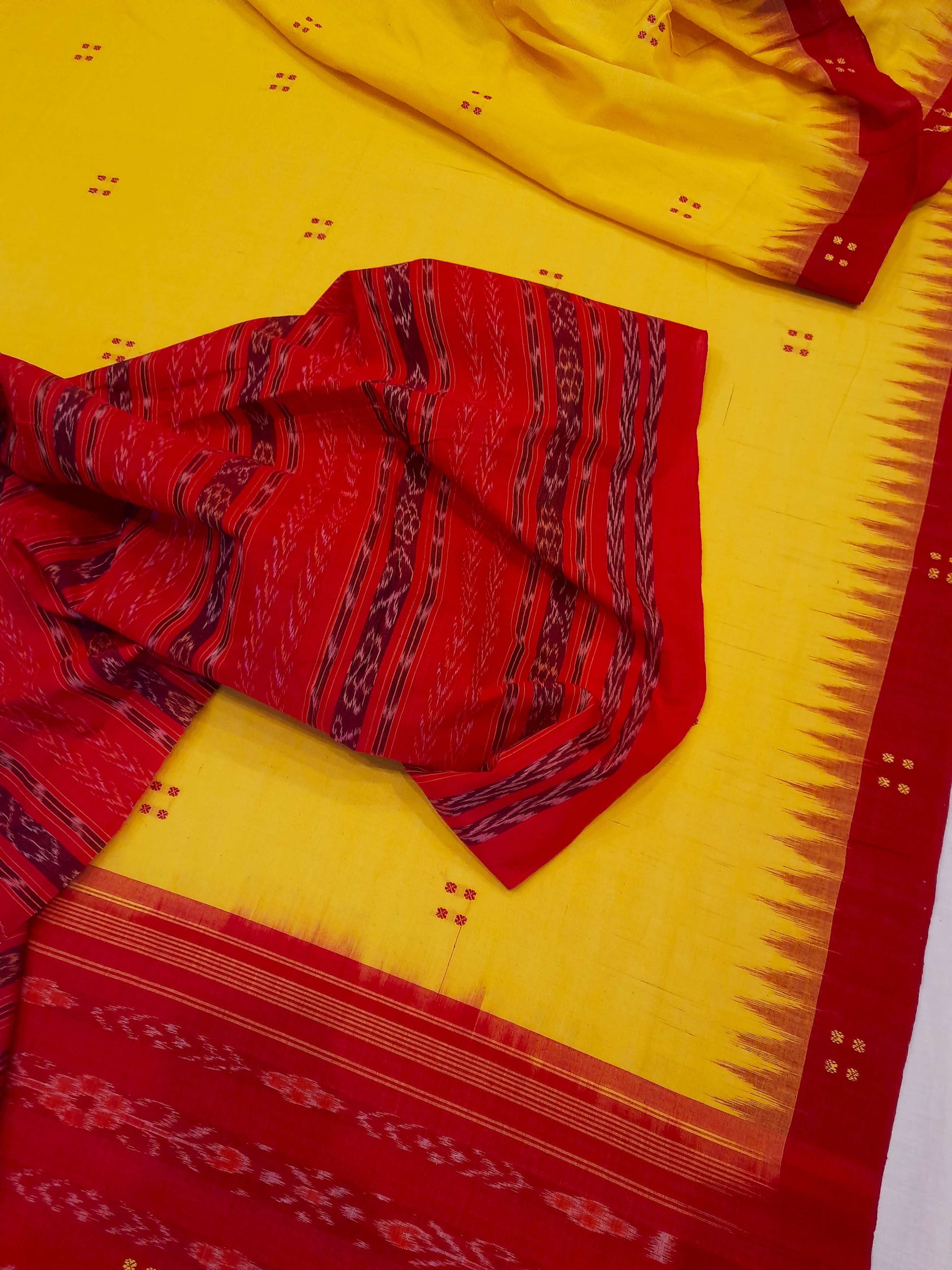 Yellow Red Cotton Odisha Ikat saree  with mix match cotton ikat blouse