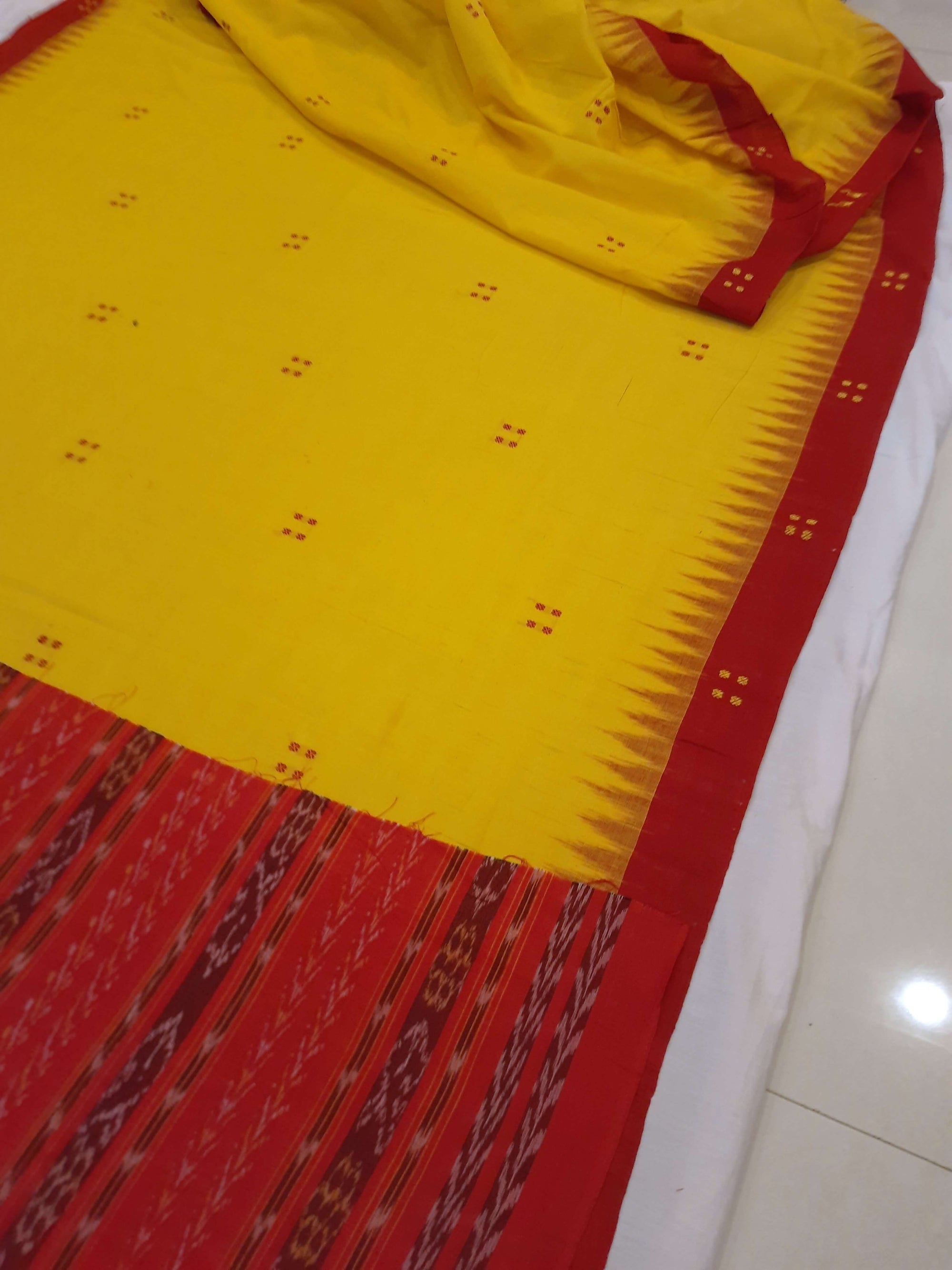 Yellow Red Cotton Odisha Ikat saree  with mix match cotton ikat blouse