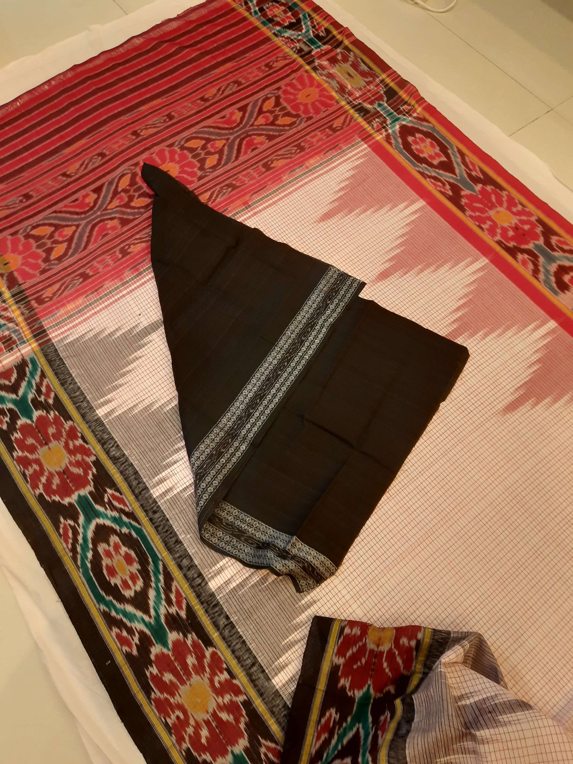 Beige checked body Cotton Odisha Ikat saree with mix match cotton ikat blouse