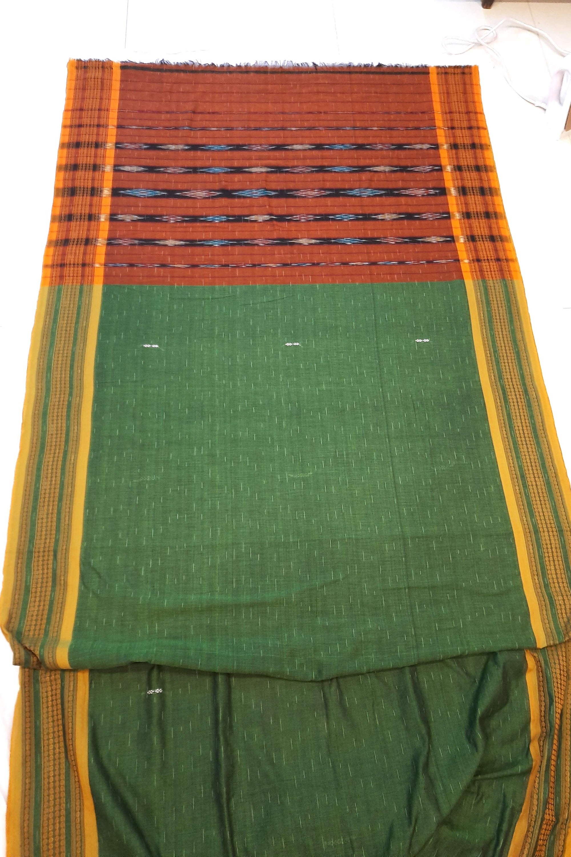Green Cotton Odisha Ikat saree  with mix match cotton ikat blouse