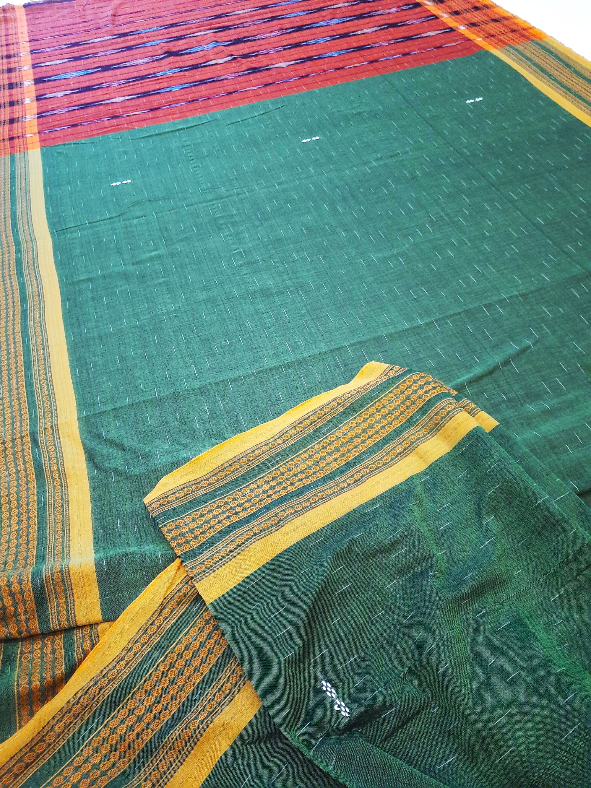 Green Cotton Odisha Ikat saree  with mix match cotton ikat blouse