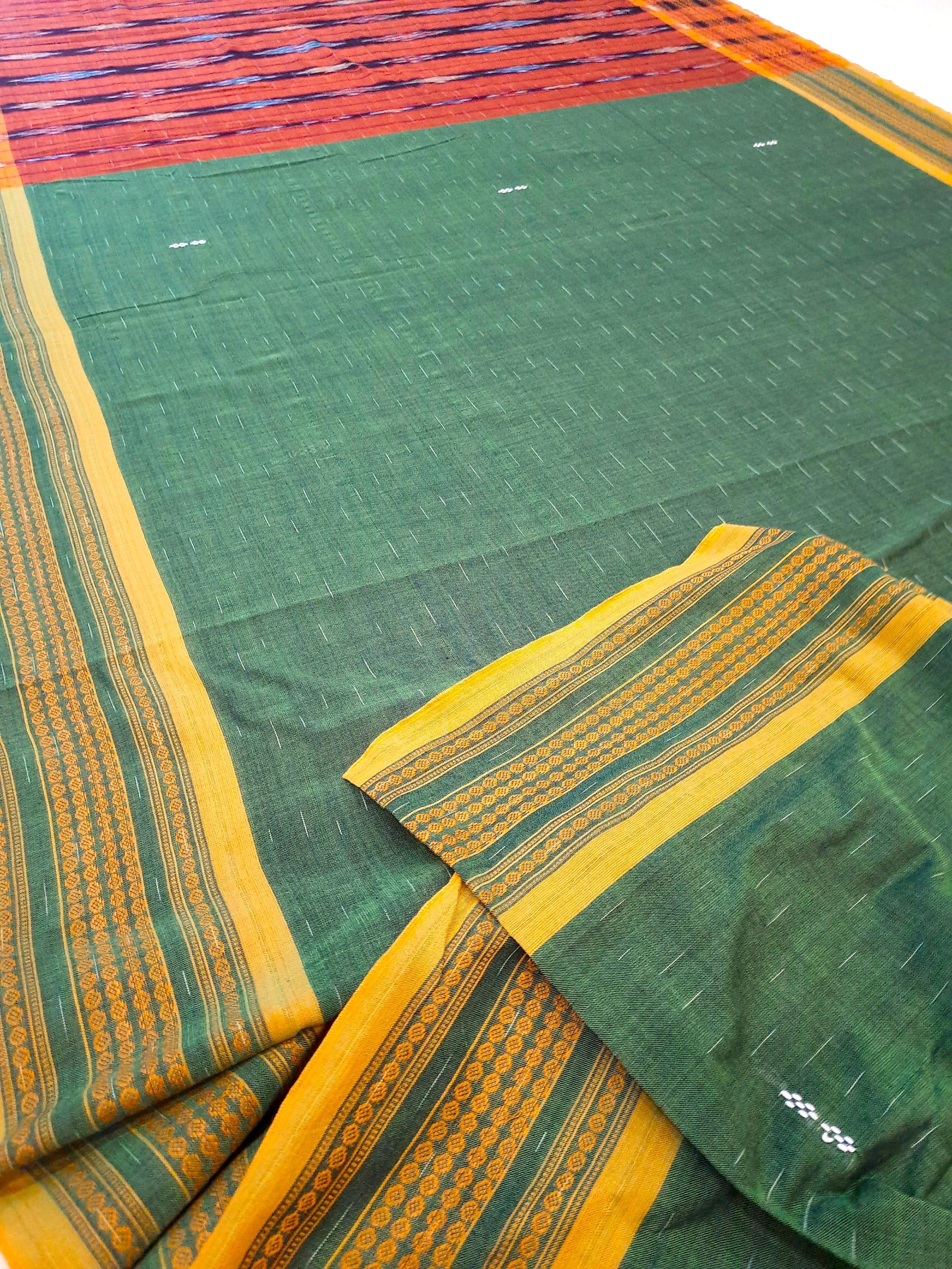 Green Cotton Odisha Ikat saree  with mix match cotton ikat blouse