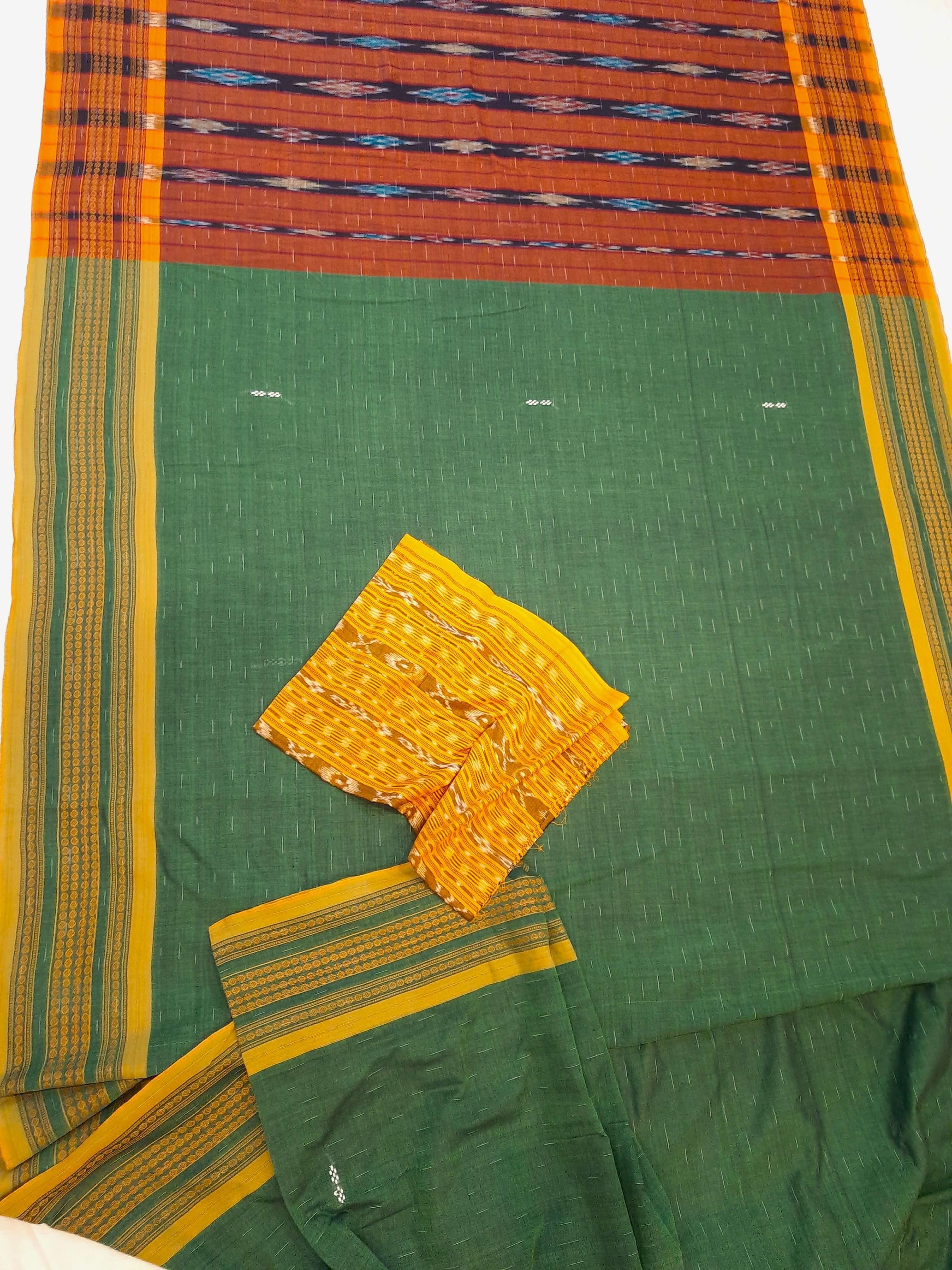 Green Cotton Odisha Ikat saree  with mix match cotton ikat blouse