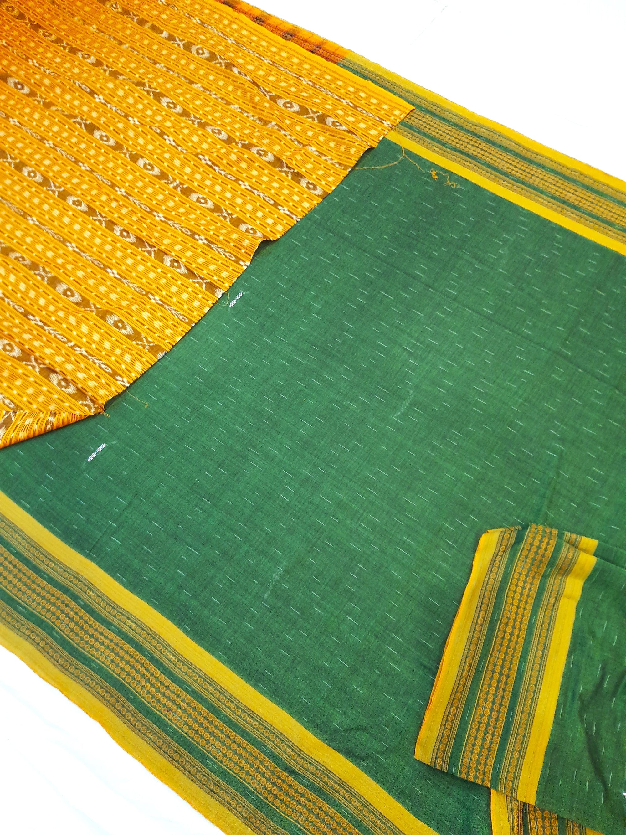 Green Cotton Odisha Ikat saree  with mix match cotton ikat blouse