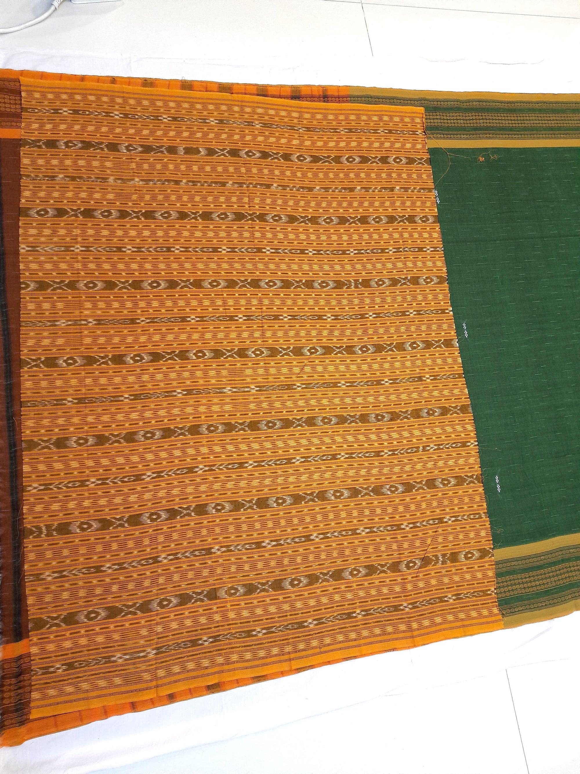 Green Cotton Odisha Ikat saree  with mix match cotton ikat blouse