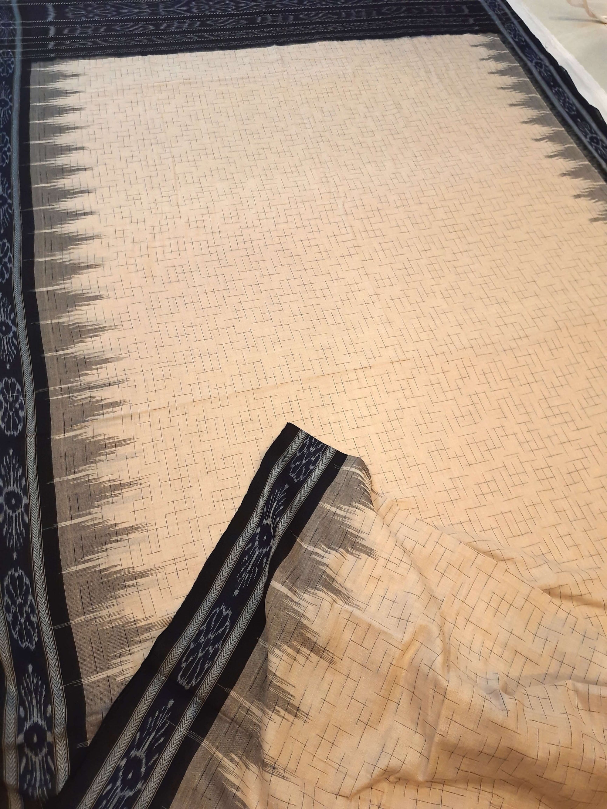 Beige Cotton Odisha Ikat saree with mix match cotton ikat blouse piece