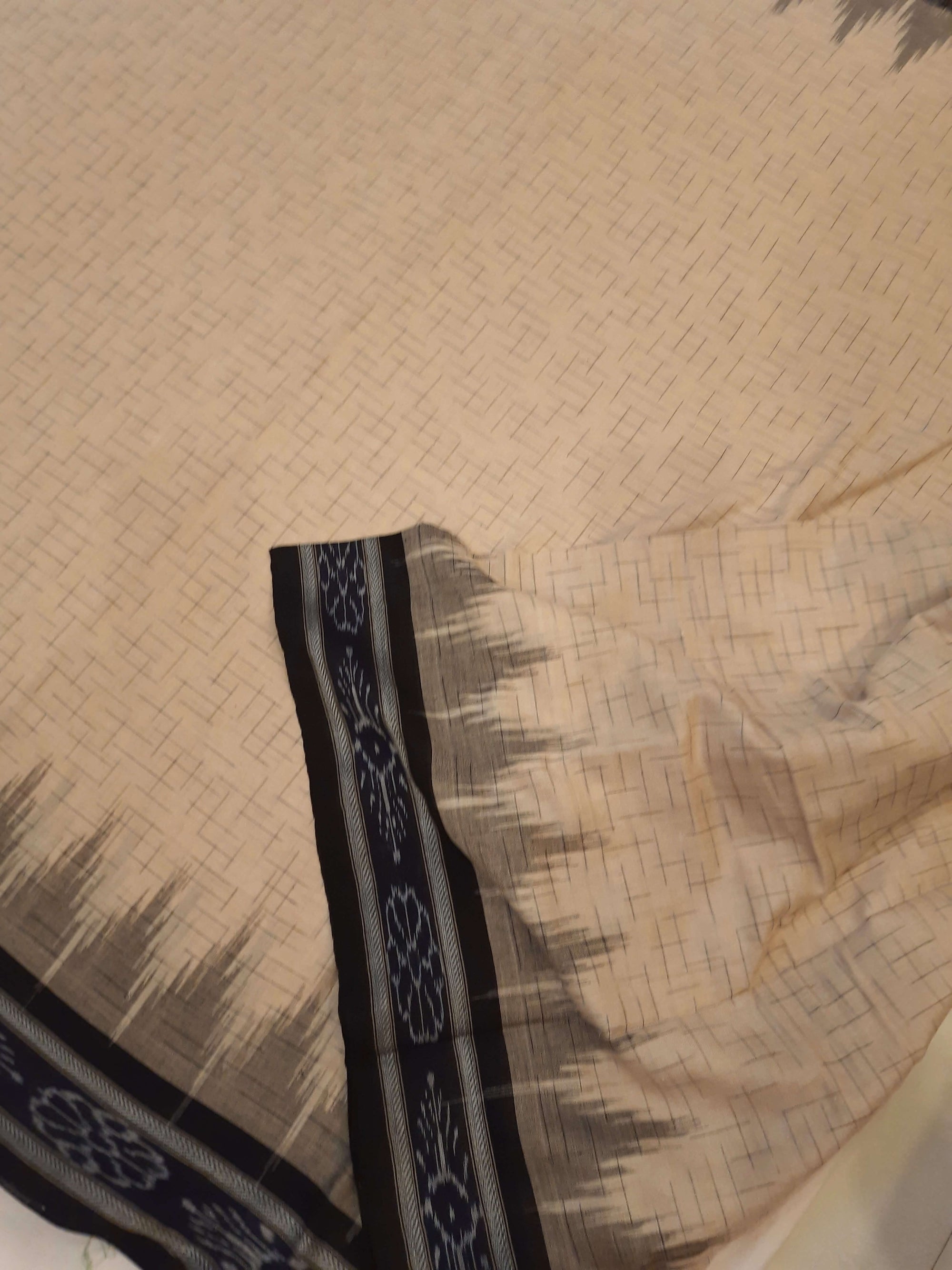 Beige Cotton Odisha Ikat saree with mix match cotton ikat blouse piece