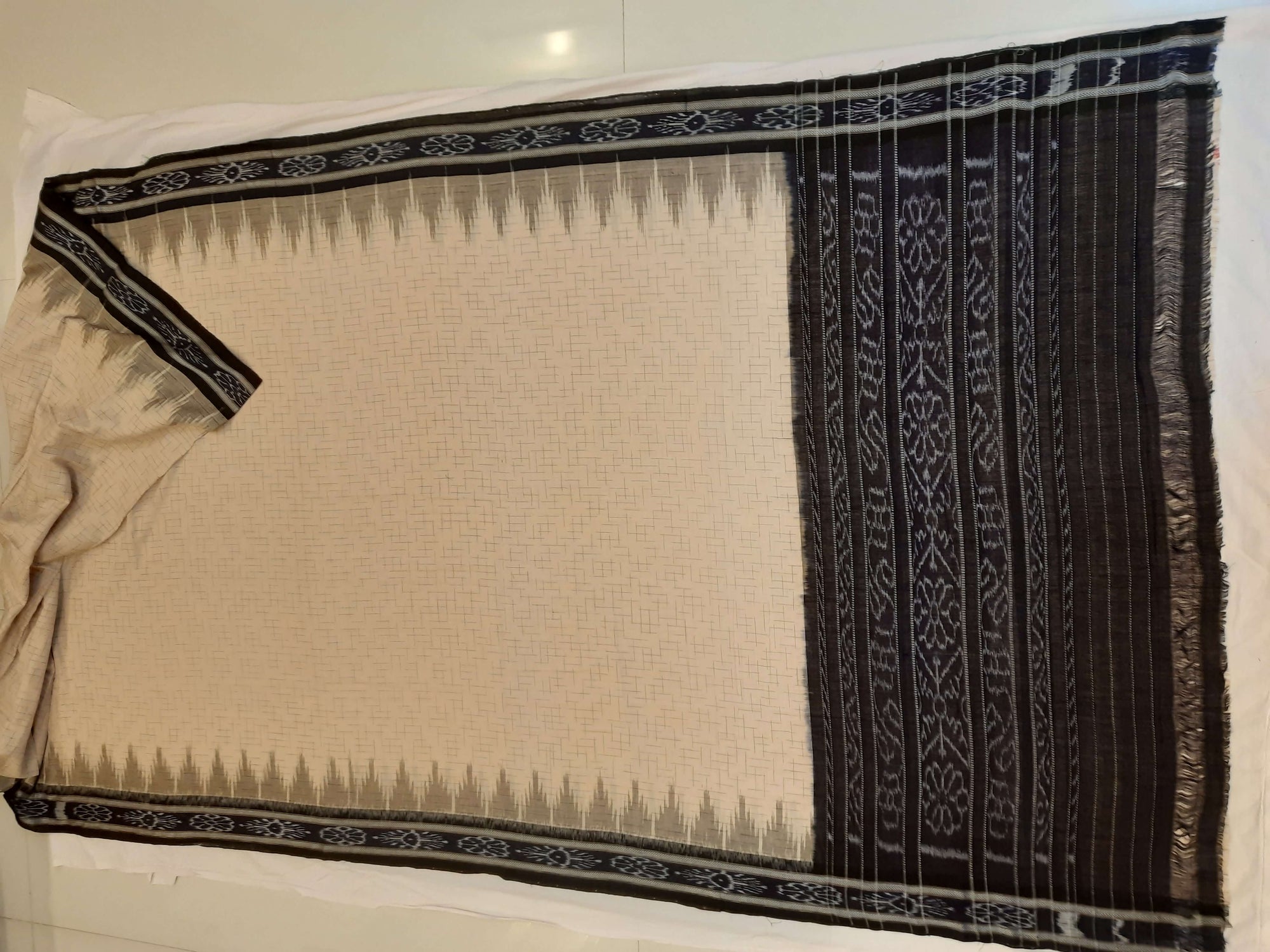Beige Cotton Odisha Ikat saree with mix match cotton ikat blouse piece