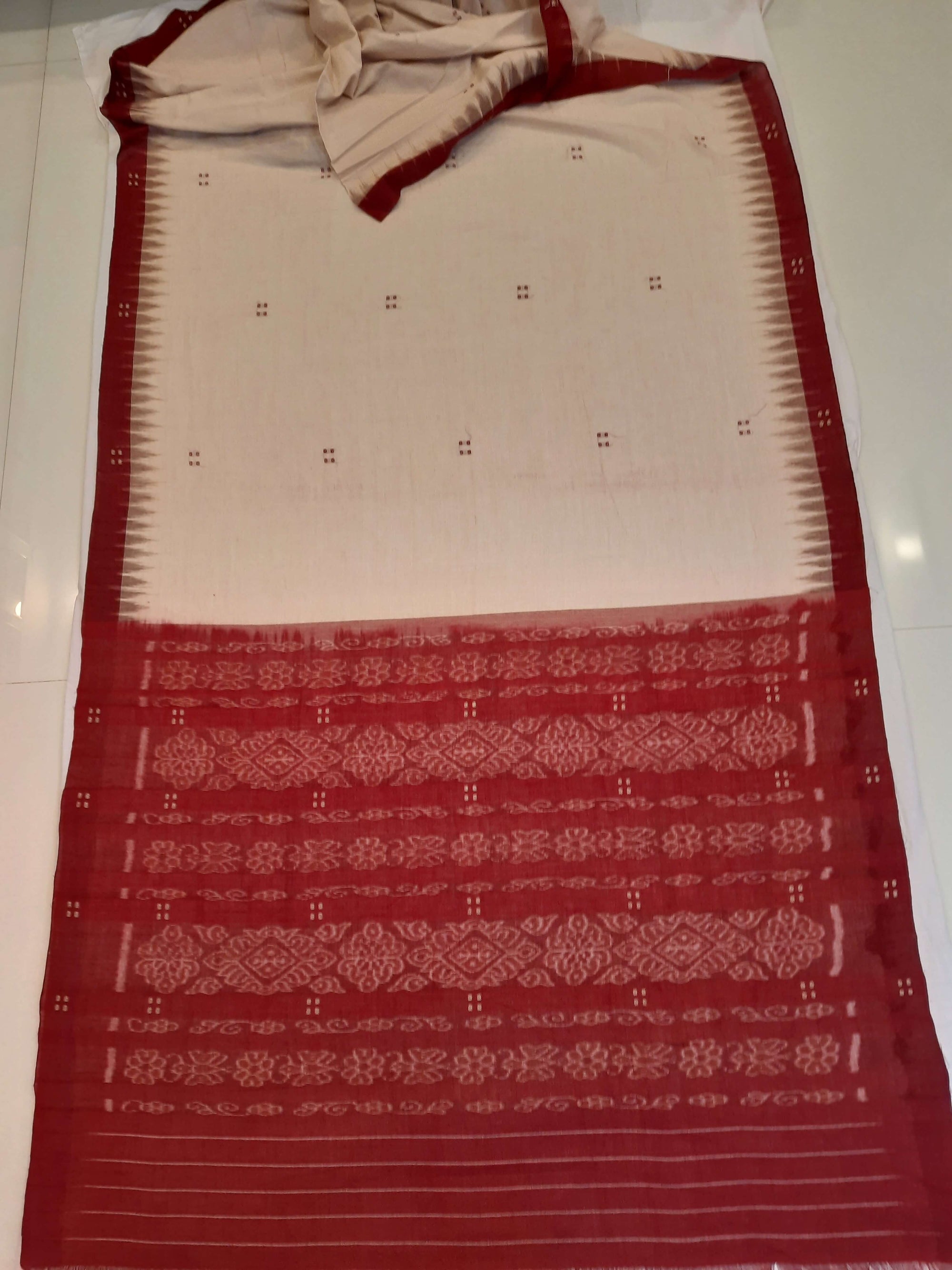 Beige with Maroon Cotton Odisha Ikat saree  with mix match cotton ikat blouse