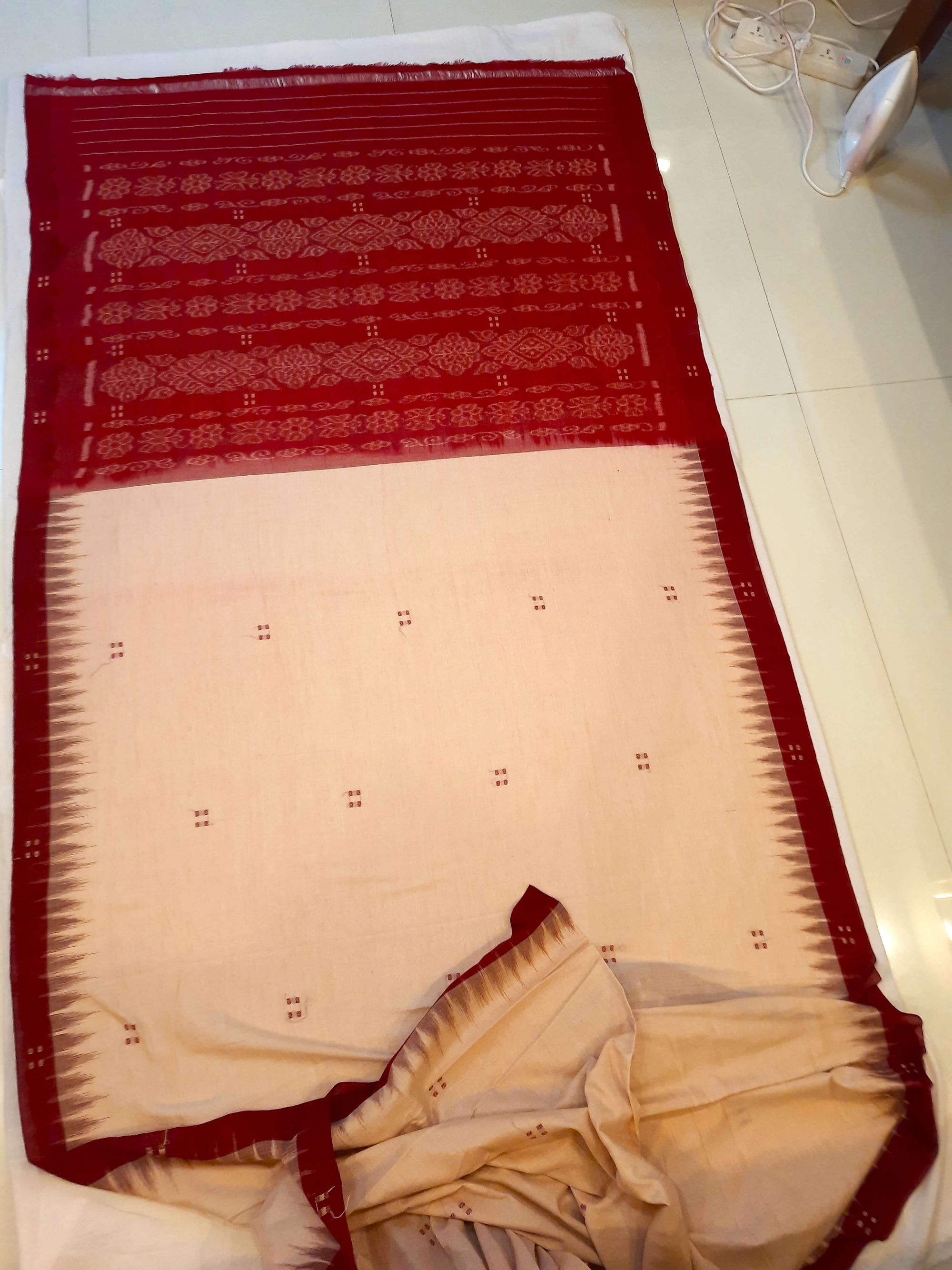 Beige with Maroon Cotton Odisha Ikat saree  with mix match cotton ikat blouse (Copy)
