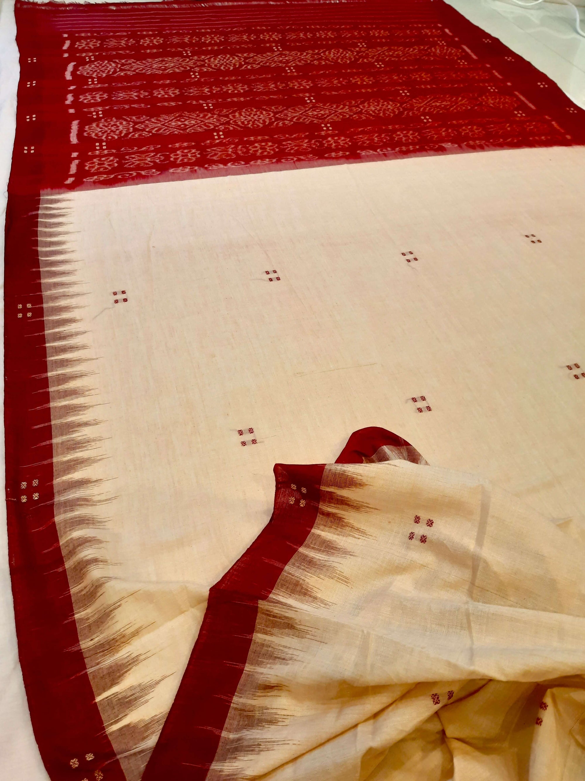 Beige with Maroon Cotton Odisha Ikat saree  with mix match cotton ikat blouse