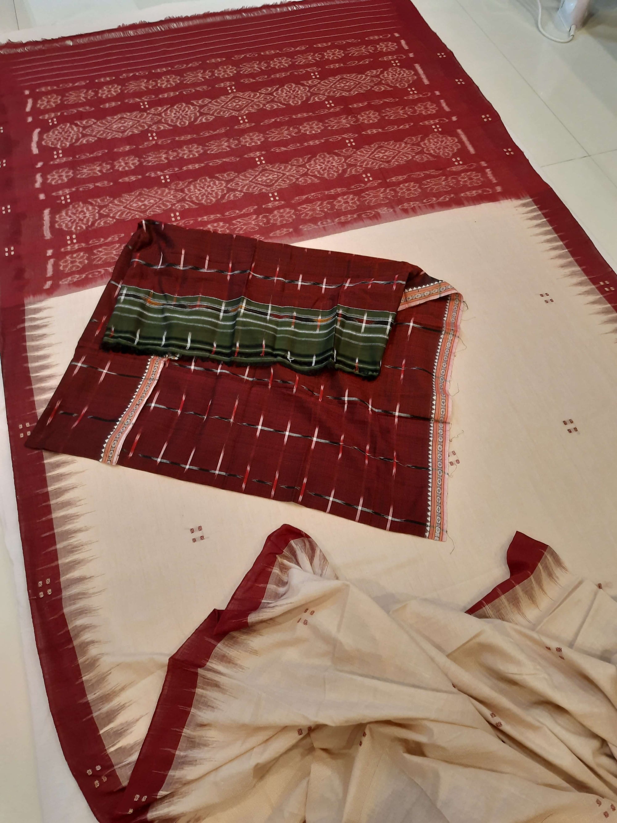 Beige with Maroon Cotton Odisha Ikat saree  with mix match cotton ikat blouse