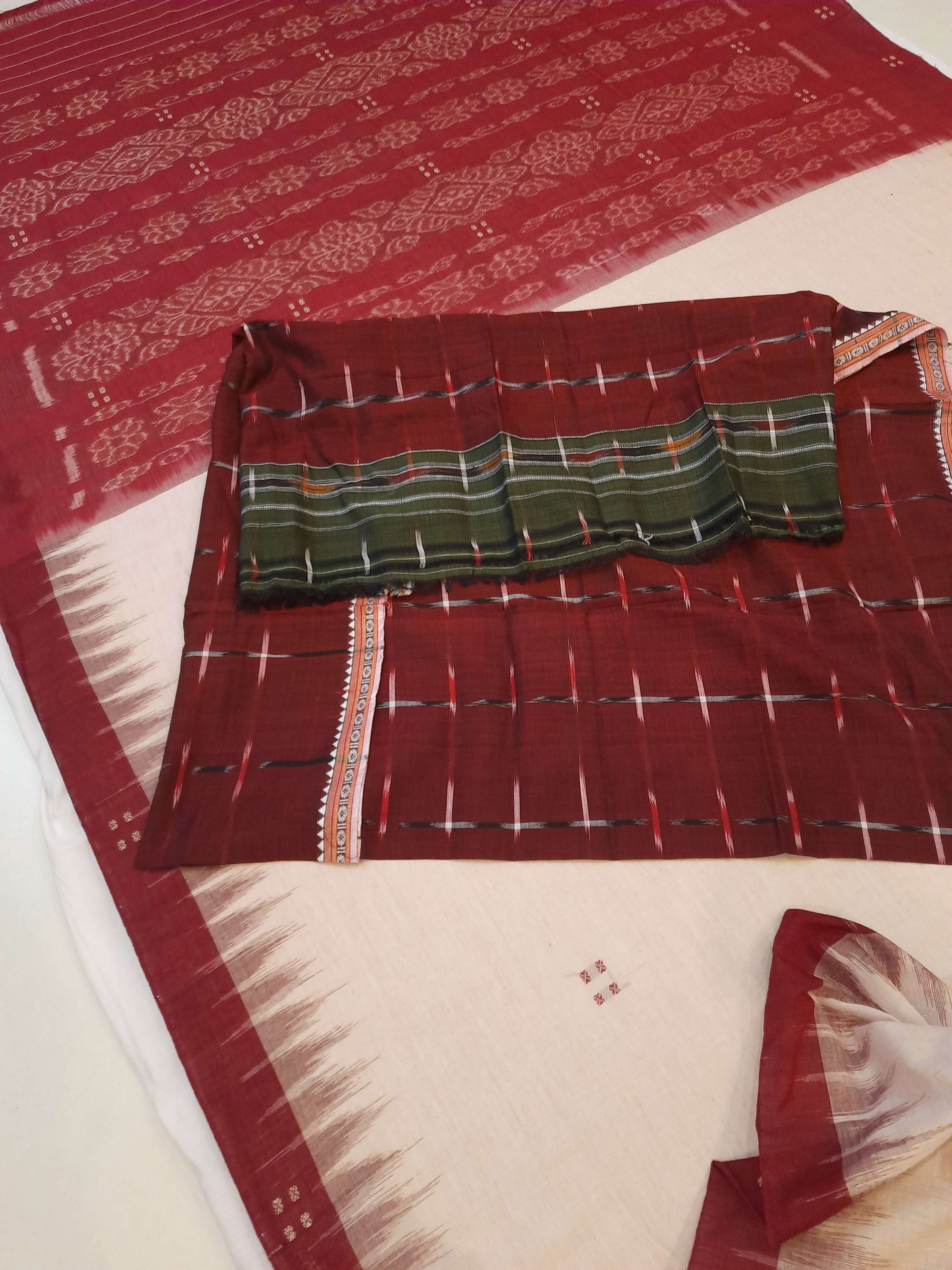 Beige with Maroon Cotton Odisha Ikat saree  with mix match cotton ikat blouse