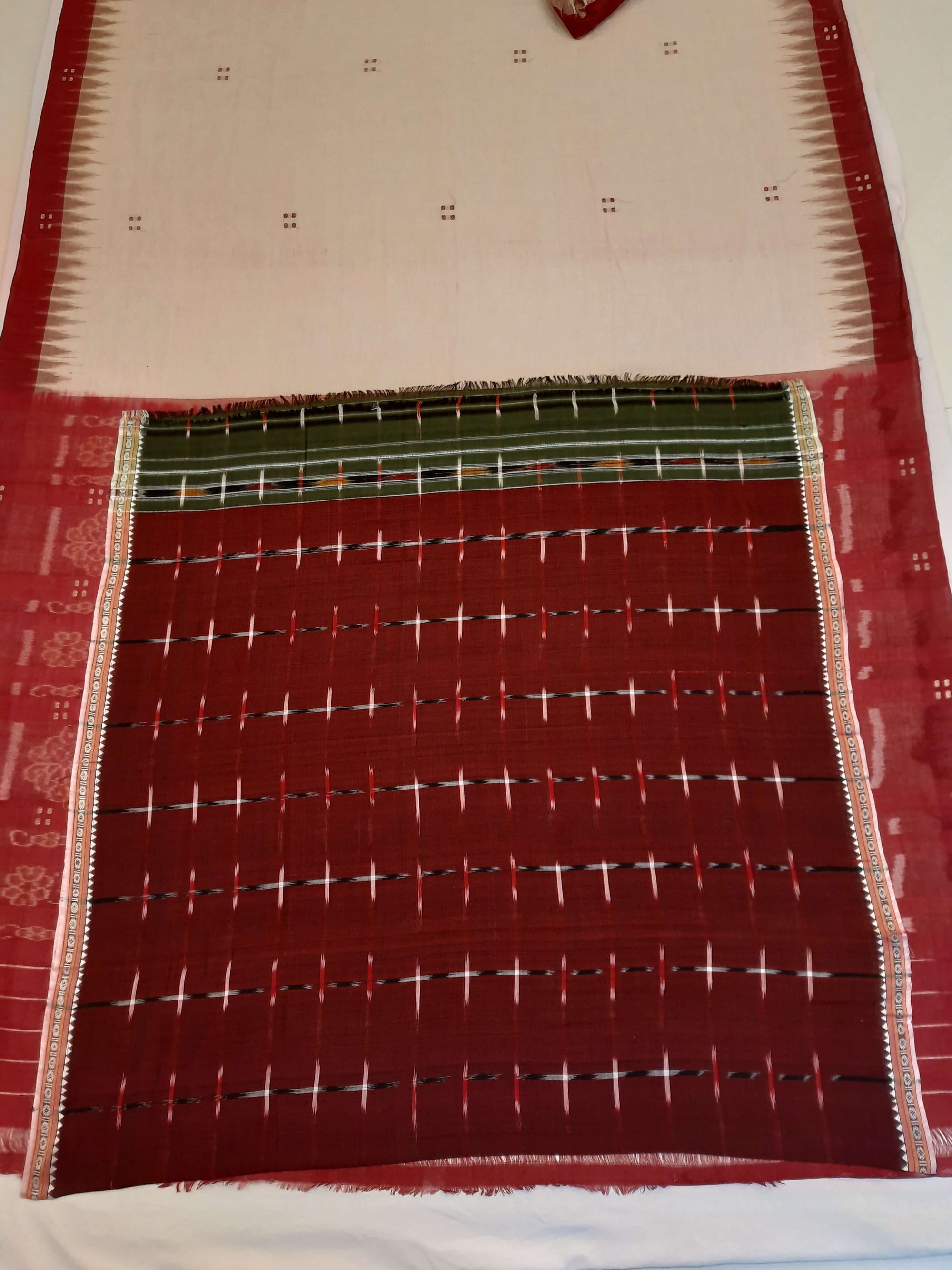 Beige with Maroon Cotton Odisha Ikat saree  with mix match cotton ikat blouse