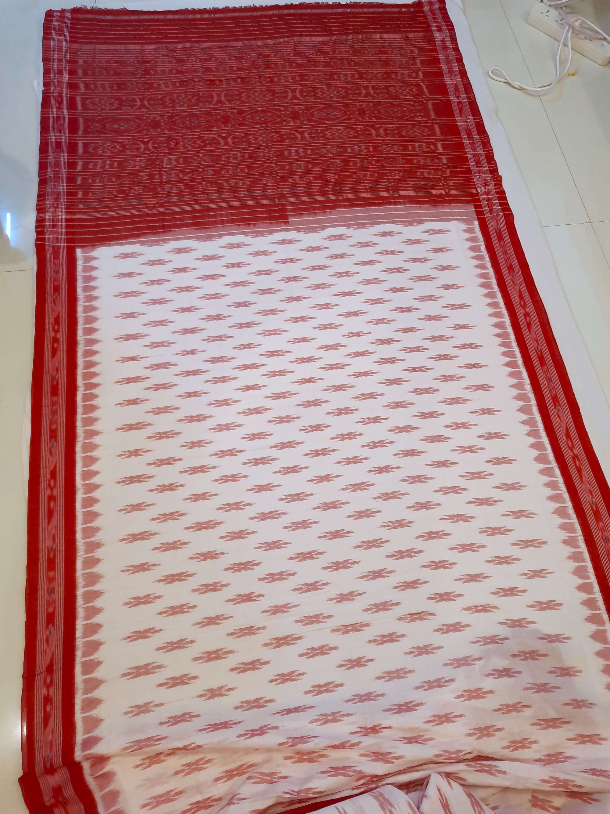 White Red Cotton Odisha Ikat saree with mix match cotton ikat blouse piece