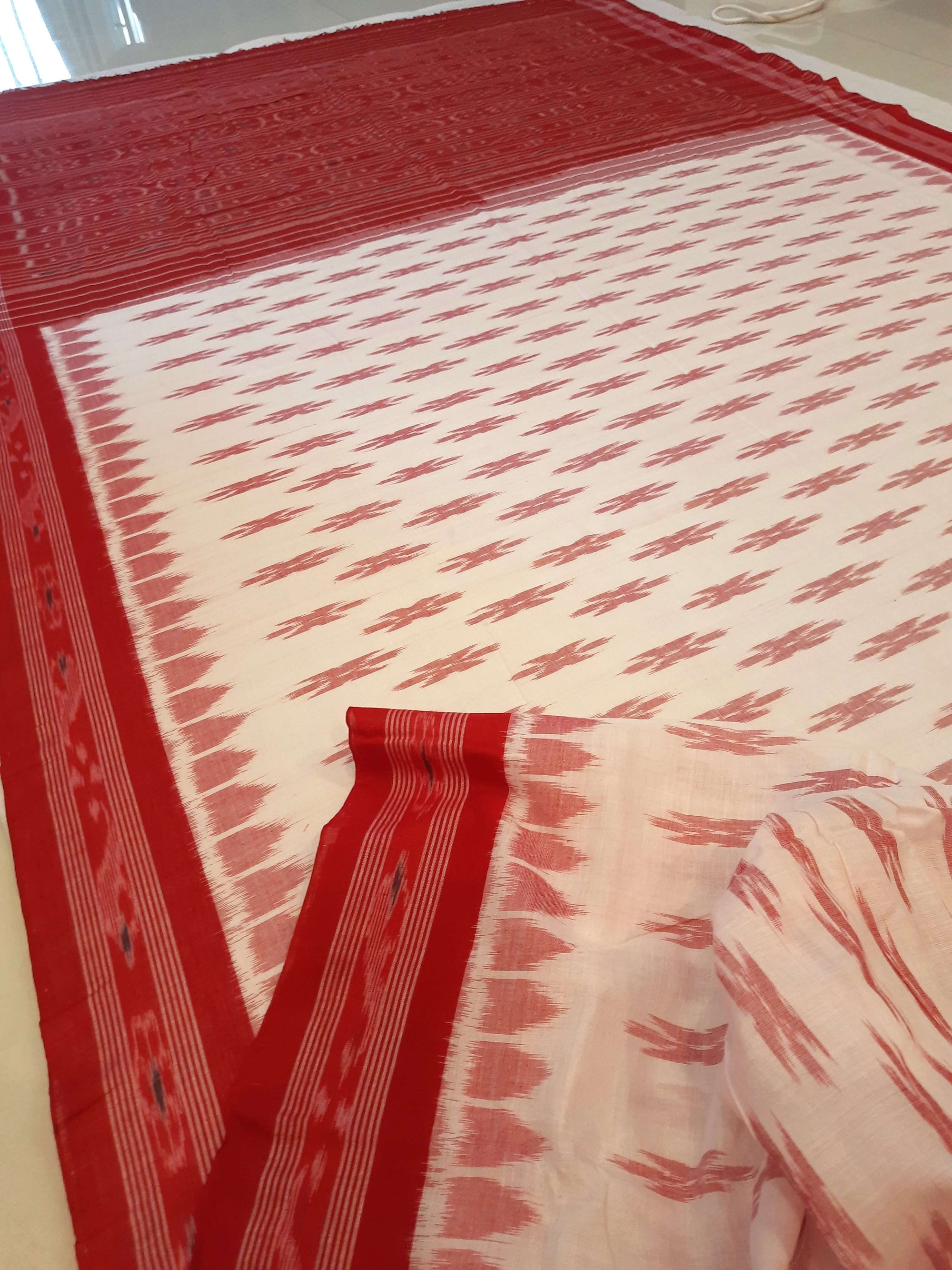 White Red Cotton Odisha Ikat saree with mix match cotton ikat blouse piece