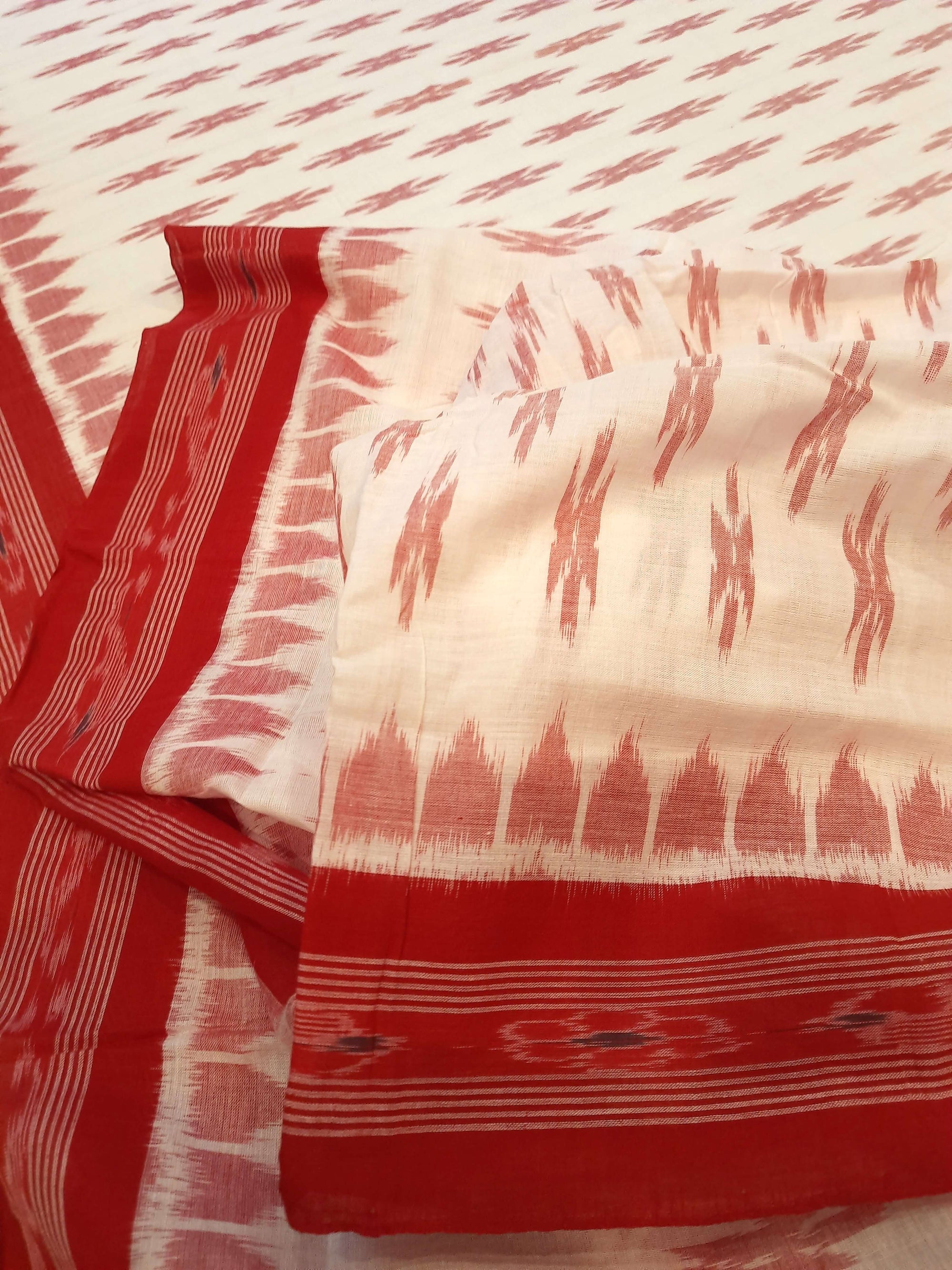 White Red Cotton Odisha Ikat saree with mix match cotton ikat blouse piece