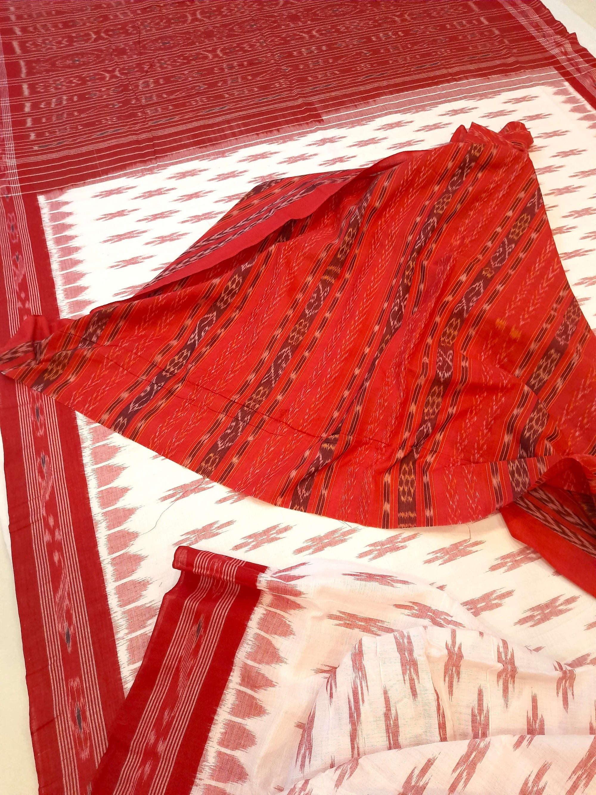 White Red Cotton Odisha Ikat saree with mix match cotton ikat blouse piece