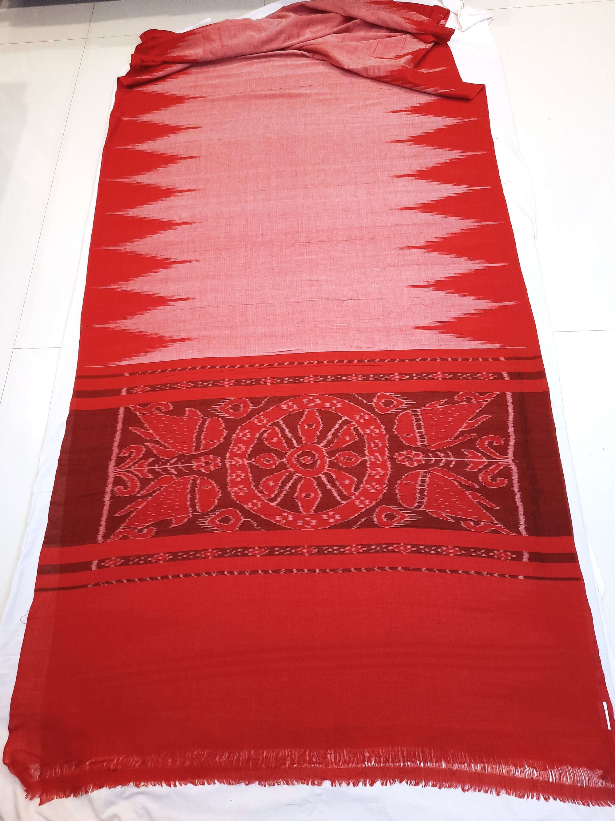 Pink with Red Cotton Odisha Ikat saree  with mix match cotton ikat blouse
