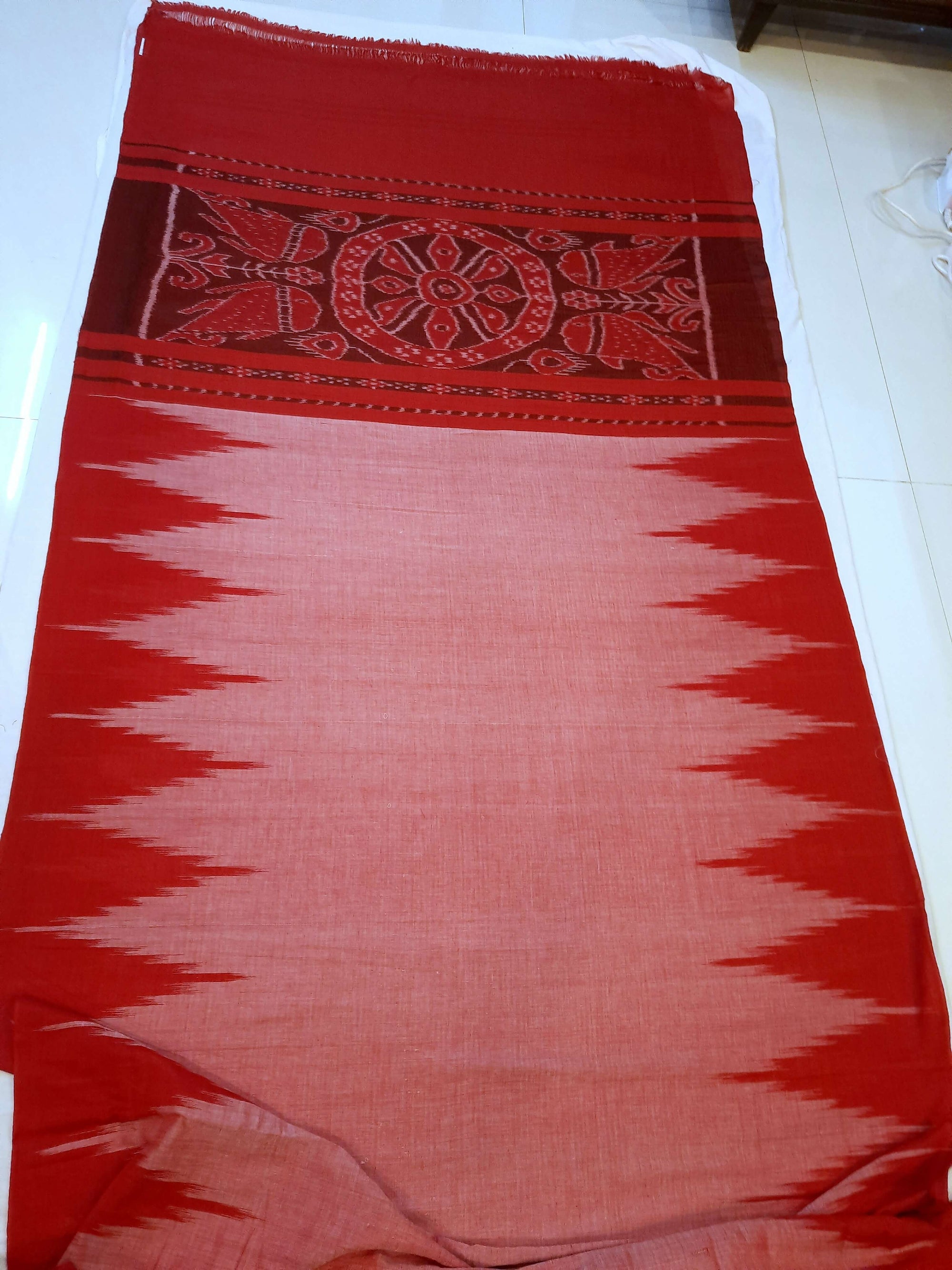 Pink with Red Cotton Odisha Ikat saree  with mix match cotton ikat blouse