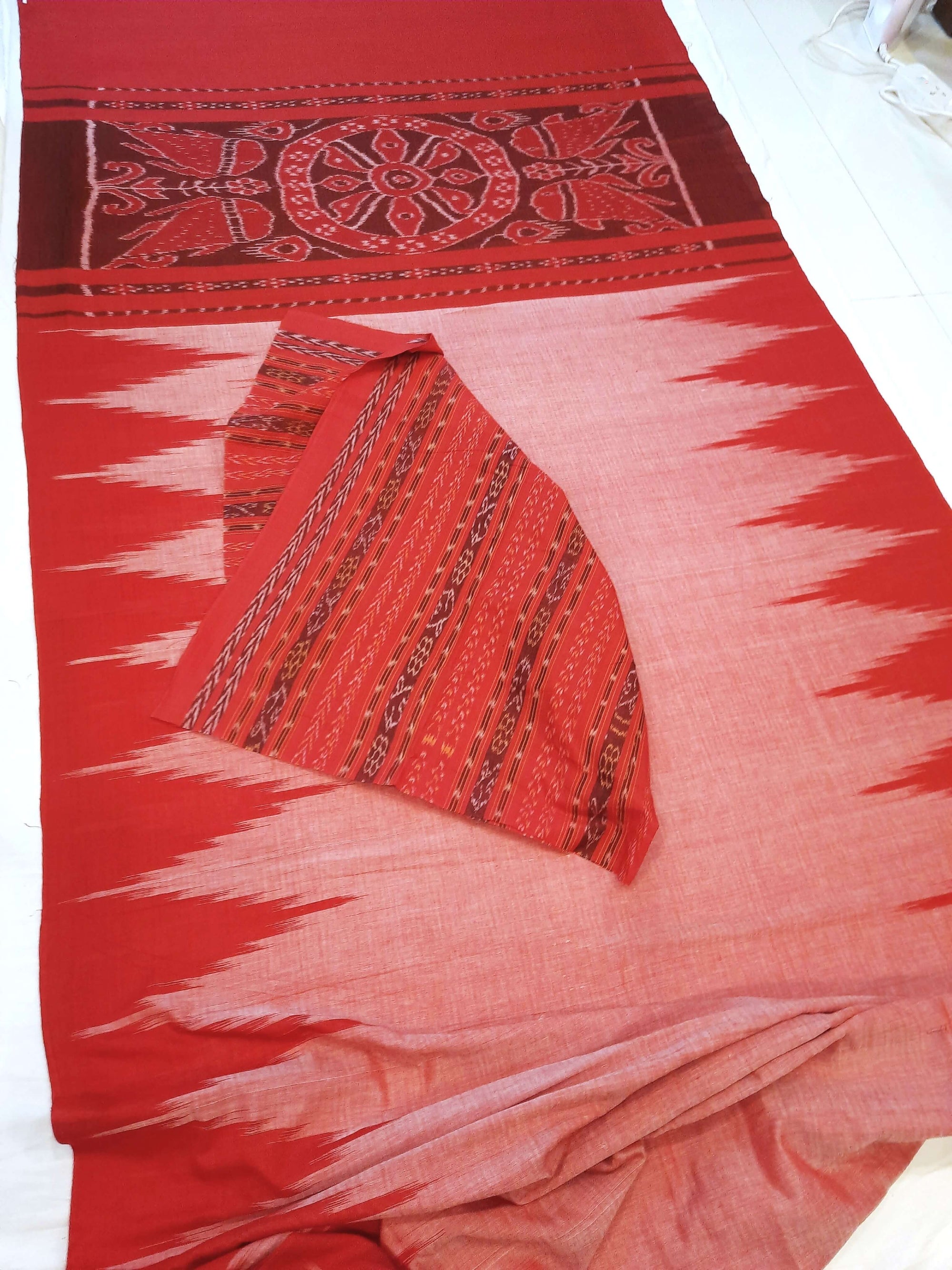 Pink with Red Cotton Odisha Ikat saree  with mix match cotton ikat blouse