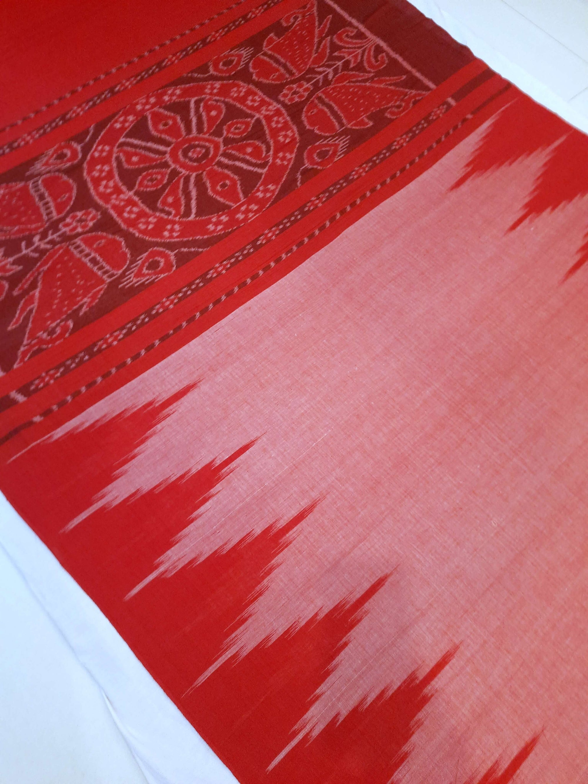 Pink with Red Cotton Odisha Ikat saree  with mix match cotton ikat blouse
