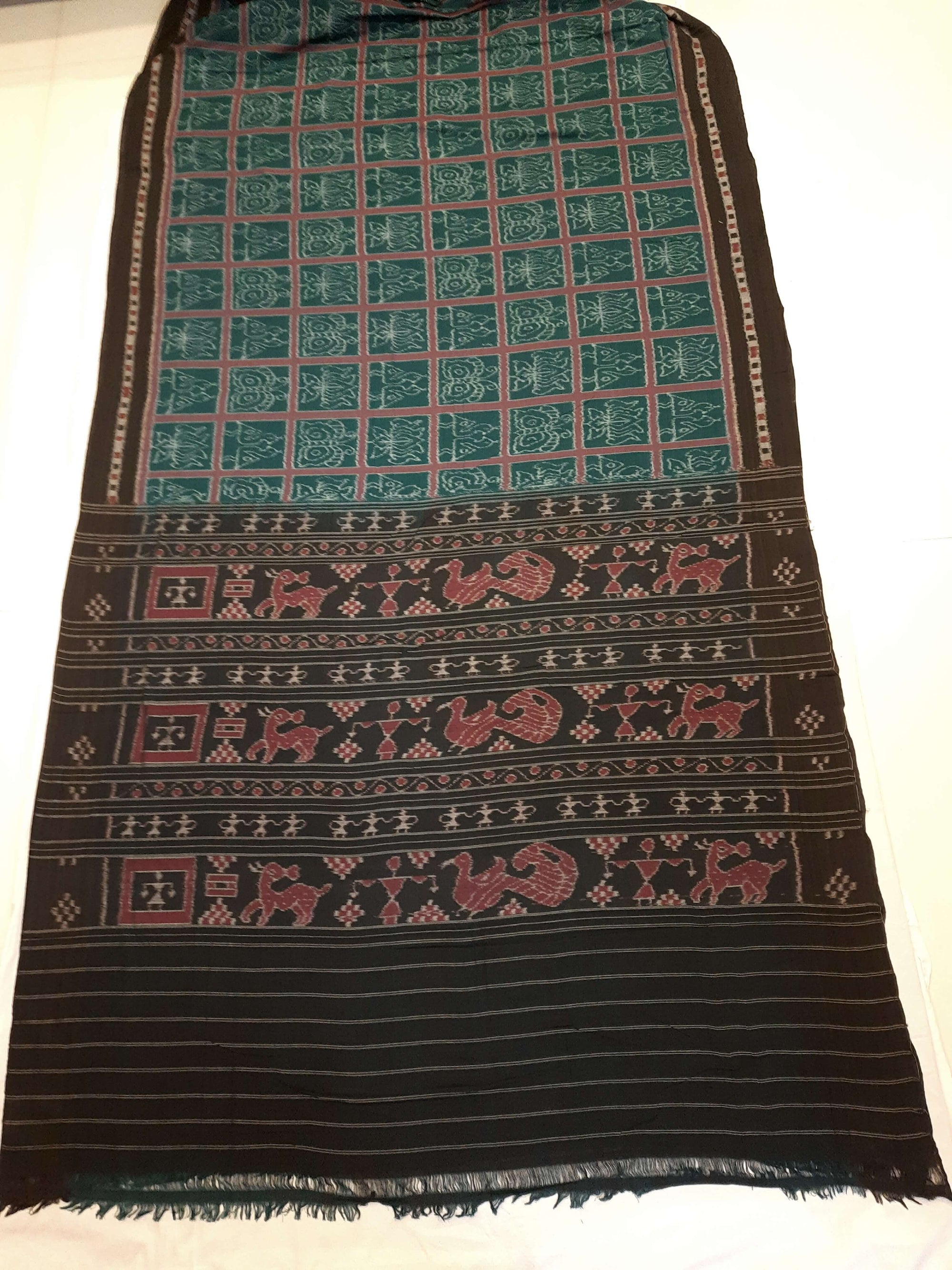 Green Cotton Odisha Ikat saree  with mix match cotton ikat blouse