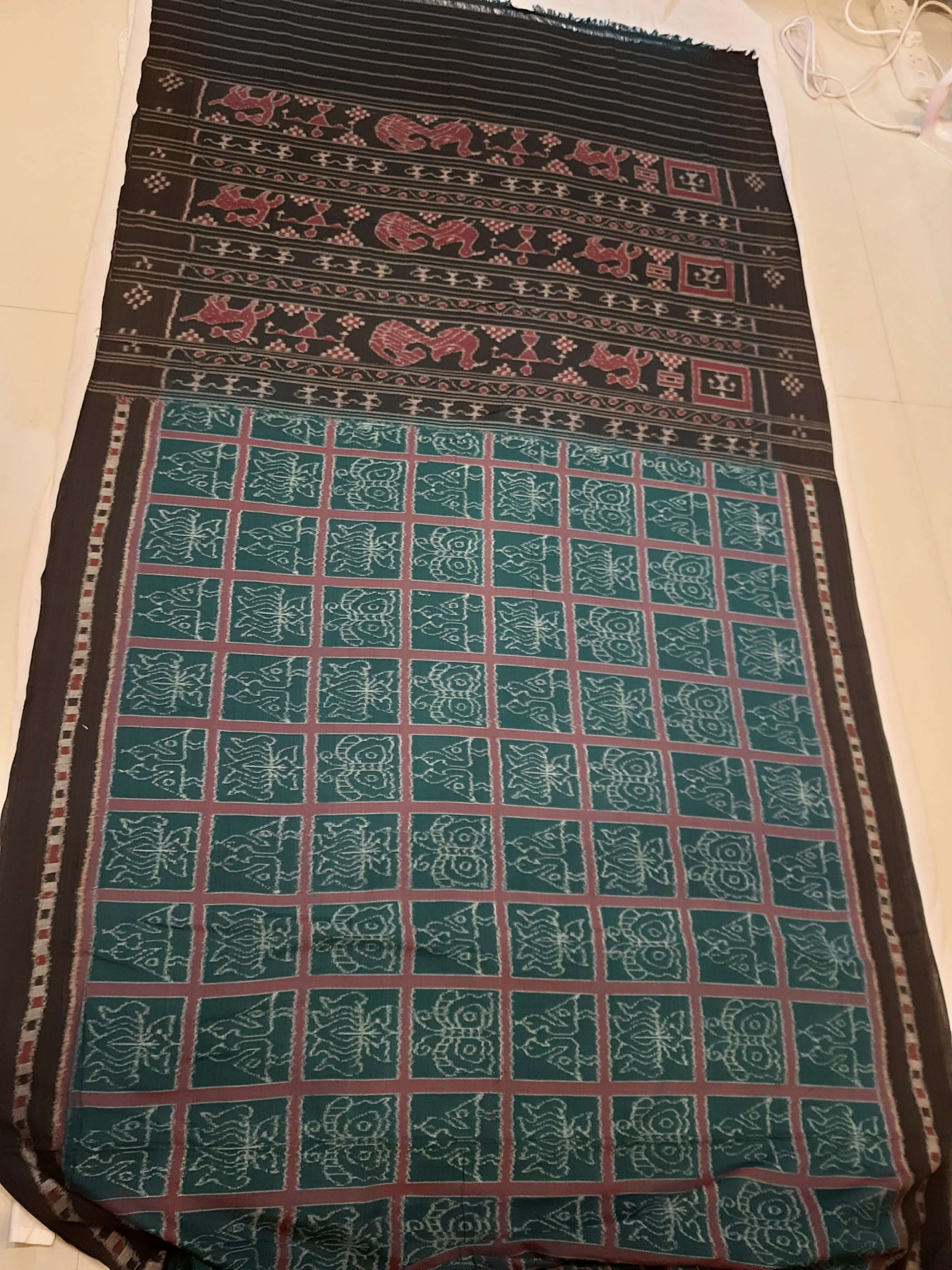Green Cotton Odisha Ikat saree  with mix match cotton ikat blouse