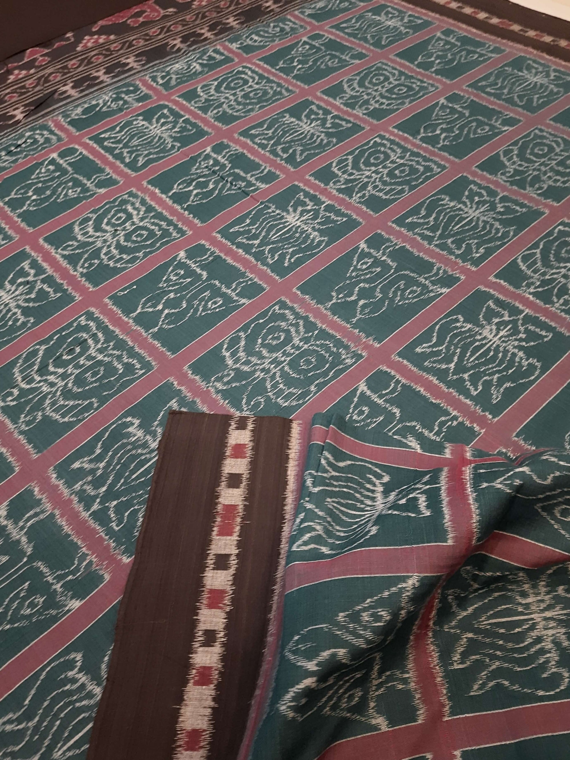 Green Cotton Odisha Ikat saree  with mix match cotton ikat blouse