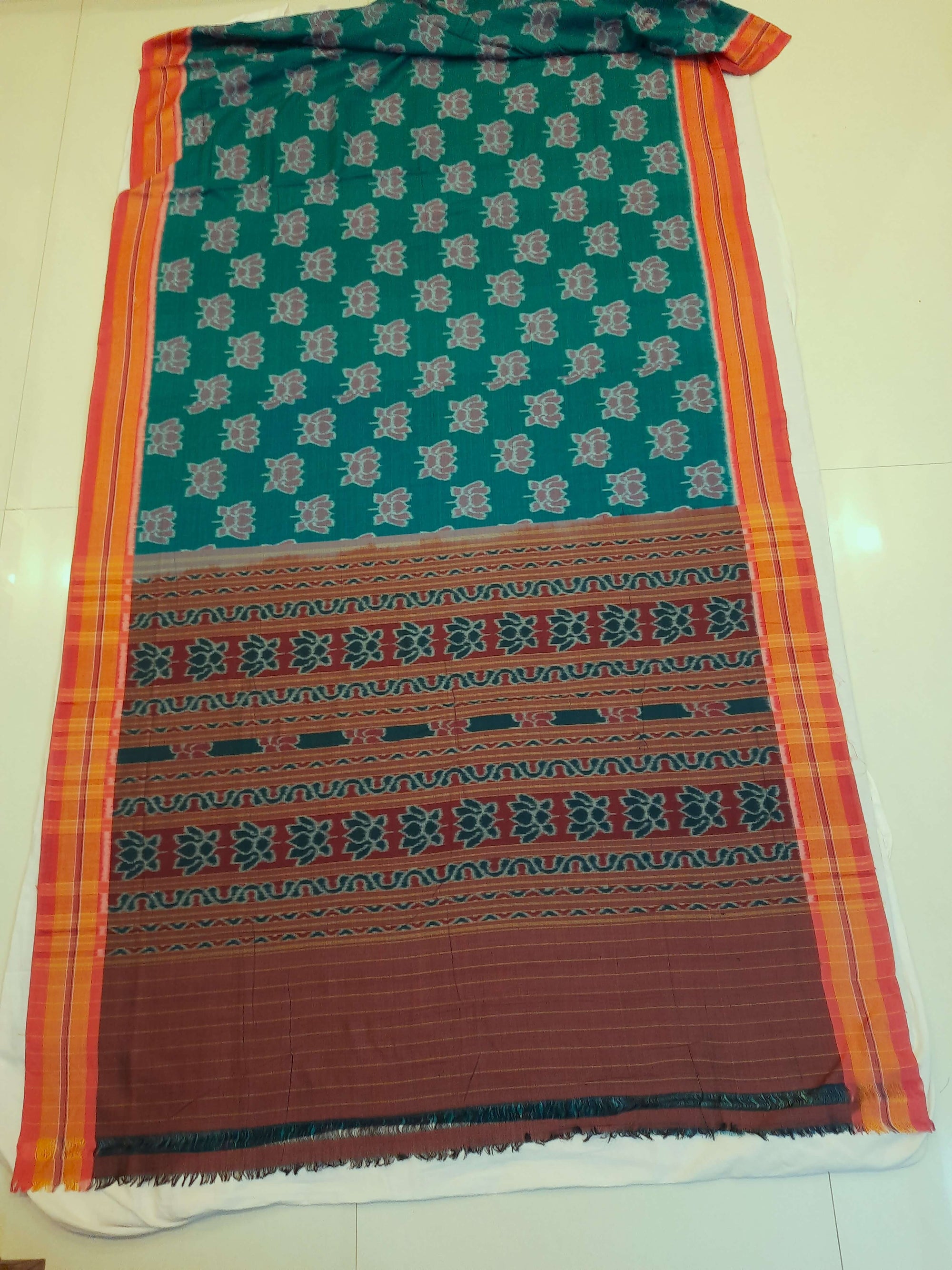 Green with Pink Cotton Odisha Ikat saree  with mix match cotton ikat blouse