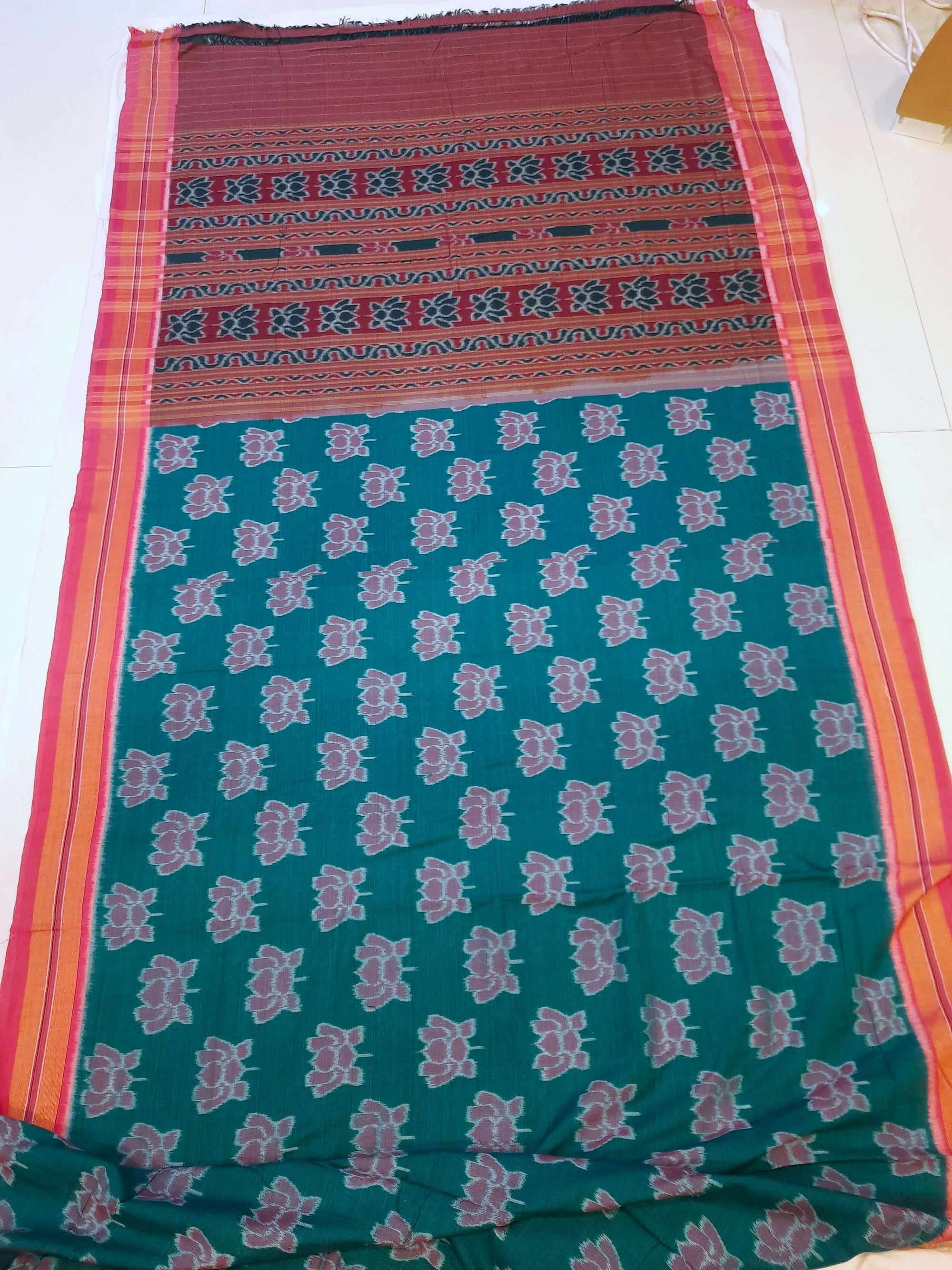 Green with Pink Cotton Odisha Ikat saree  with mix match cotton ikat blouse