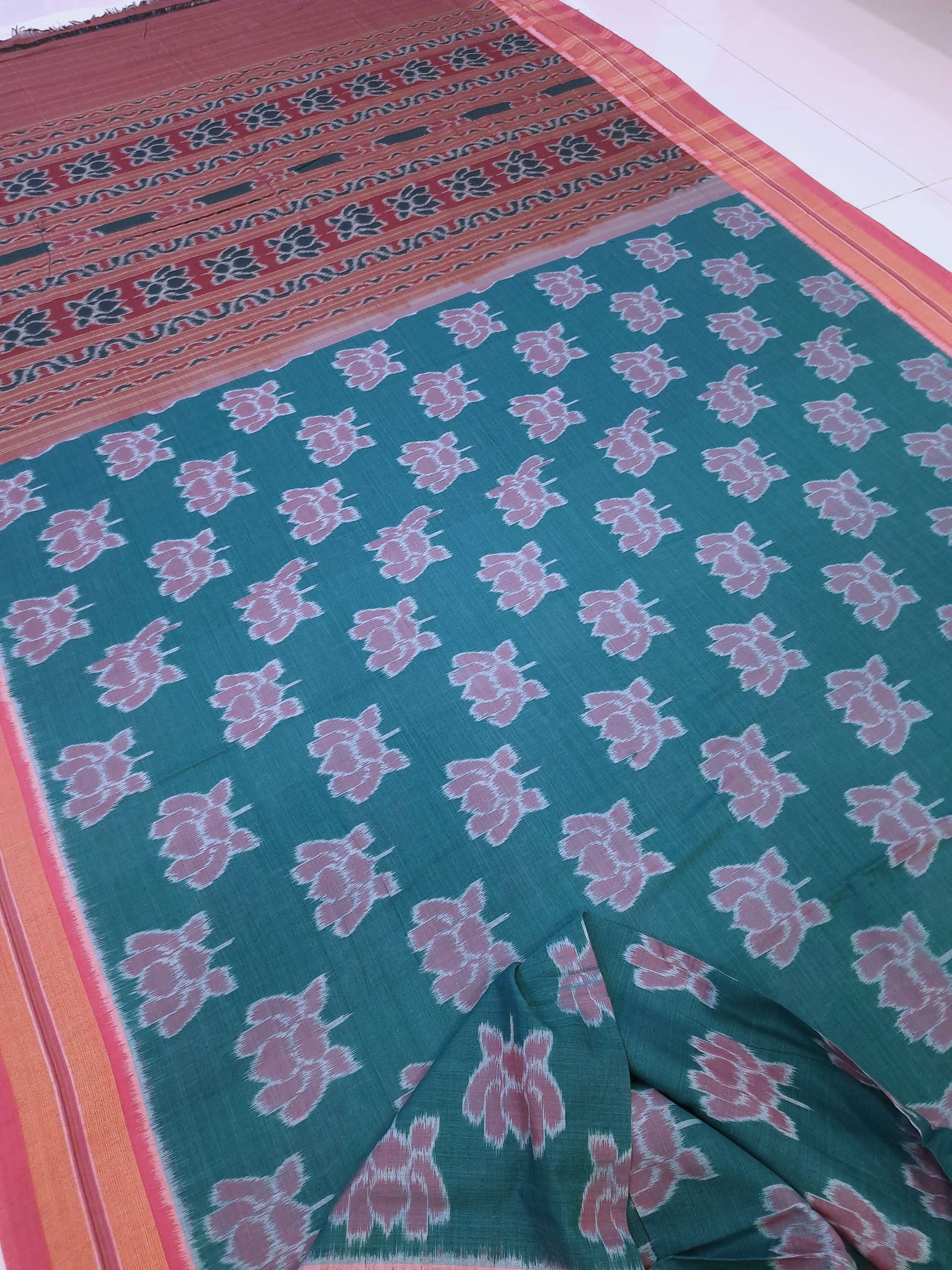 Green with Pink Cotton Odisha Ikat saree  with mix match cotton ikat blouse