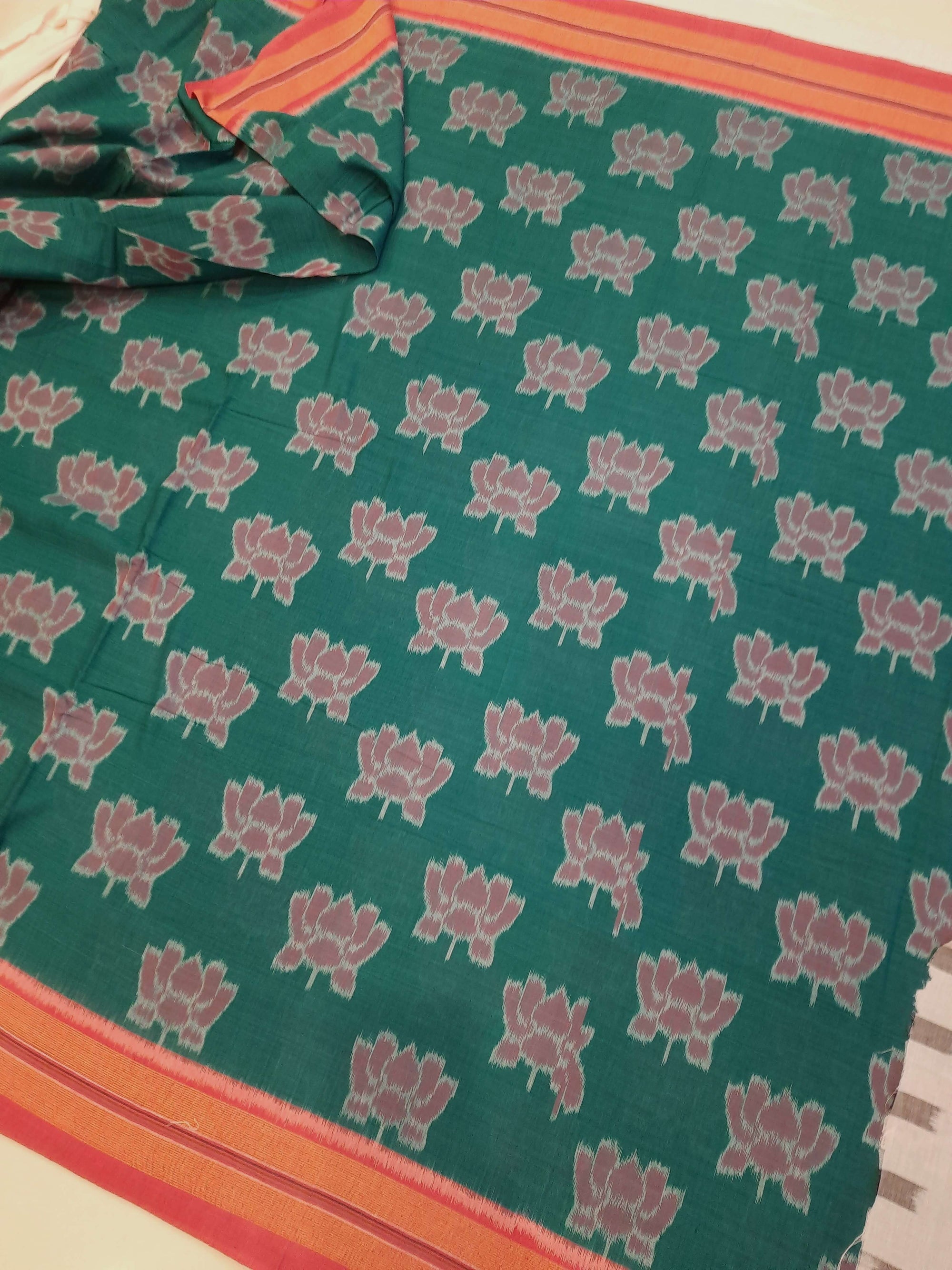 Green with Pink Cotton Odisha Ikat saree  with mix match cotton ikat blouse